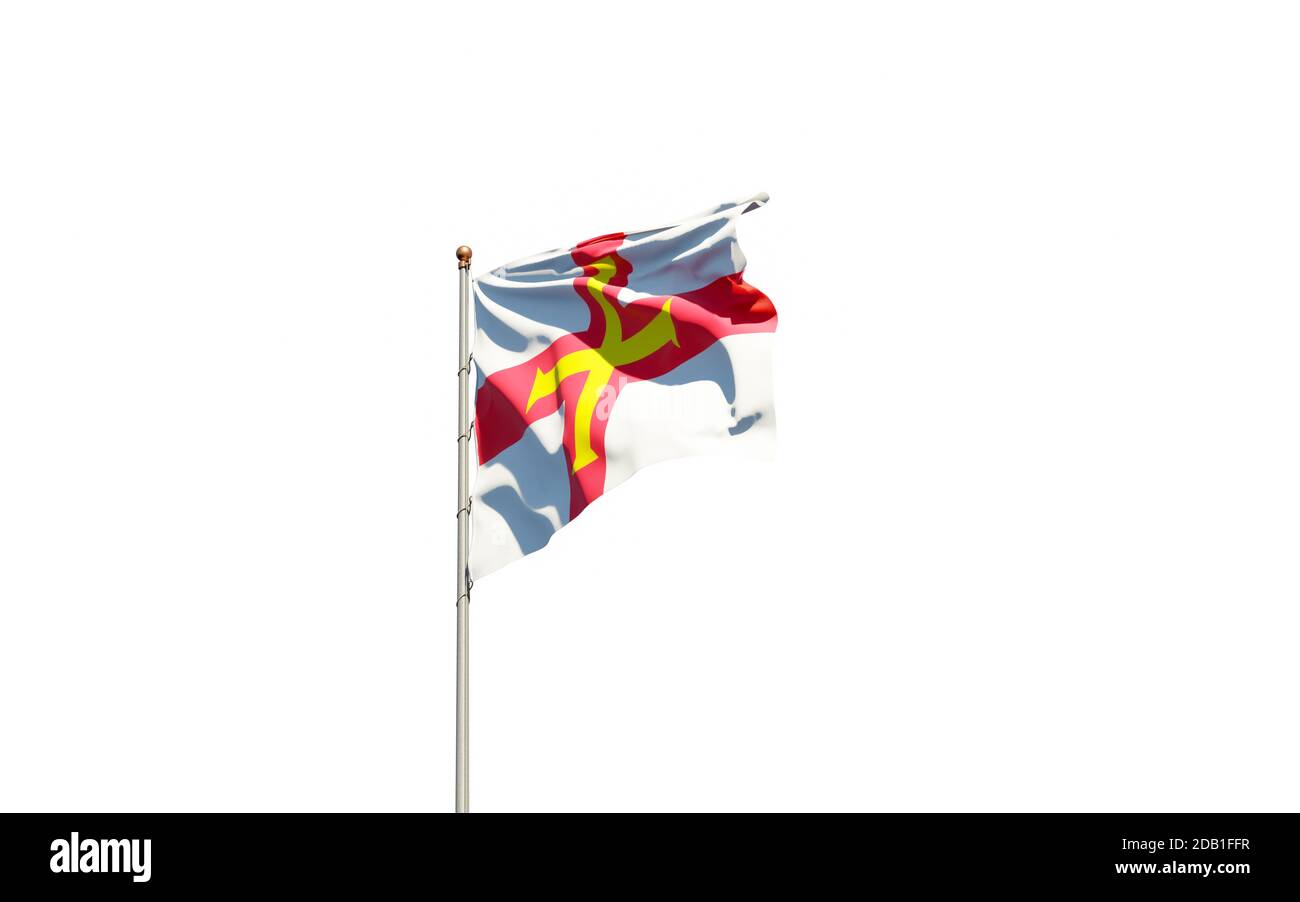 Schöne Nationalflagge von Guernsey auf weißem Hintergrund. Isolierte Nahaufnahme Flag 3D-Grafik. Stockfoto