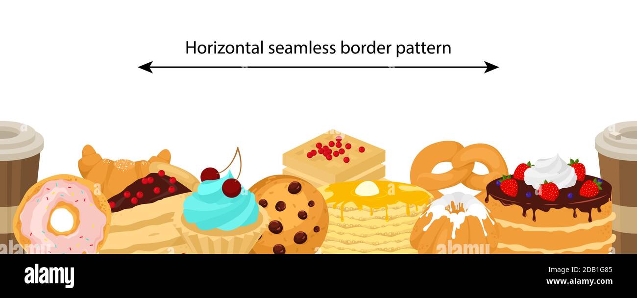 Vektor nahtlose Border Muster mit süßen Desserts. Leckere Backwaren und Backwaren. Stock Vektor