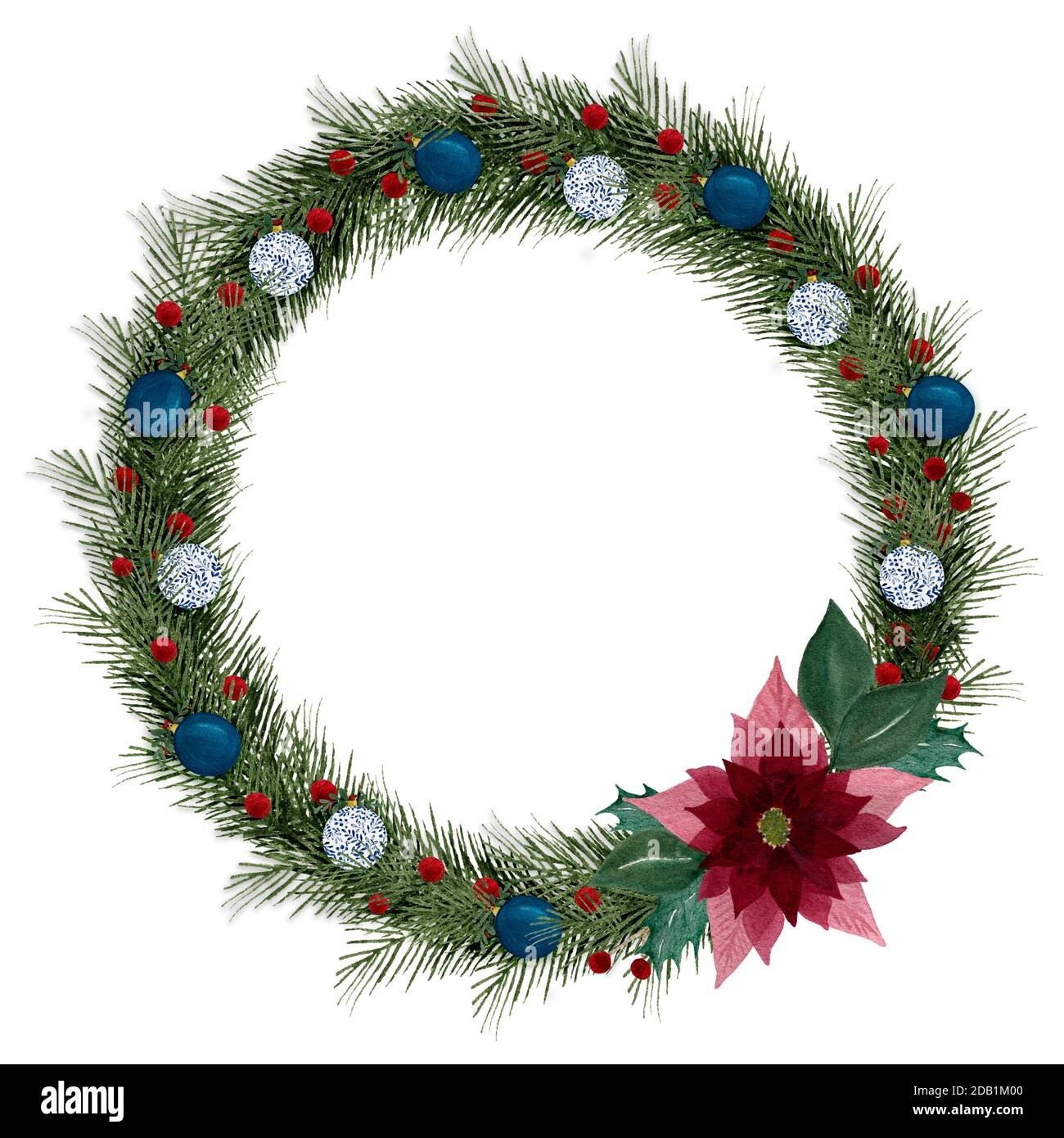 Weihnachtskranz mit Tannenzweigen, Kugeln, Weihnachtsstern und Beeren, Aquarell Winter Illustration mit niedlichen Kranzschmuck für Weihnachten Stockfoto