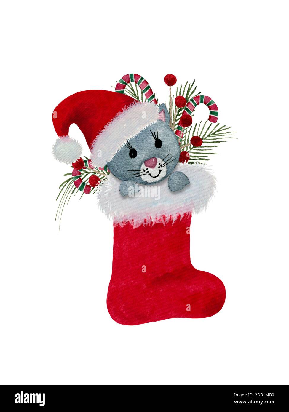 Festlicher Weihnachtsstrumpf mit Kätzchen, Aquarell-Weihnachtsdekoration mit rotem Weihnachtsmann-Stiefel und Weihnachtsgeschenke isoliert auf weißem, rotem Weihnachtsmann-Schuh Stockfoto
