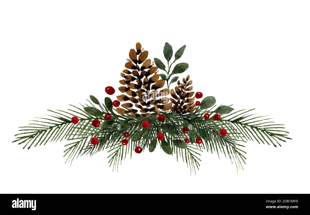 Aquarell Tannenzapfen Dekoration für Weihnachten, elegante Weihnachtsillustration mit Tannenzapfen, Tannenzweigen und Beeren isoliert auf weiß Stockfoto