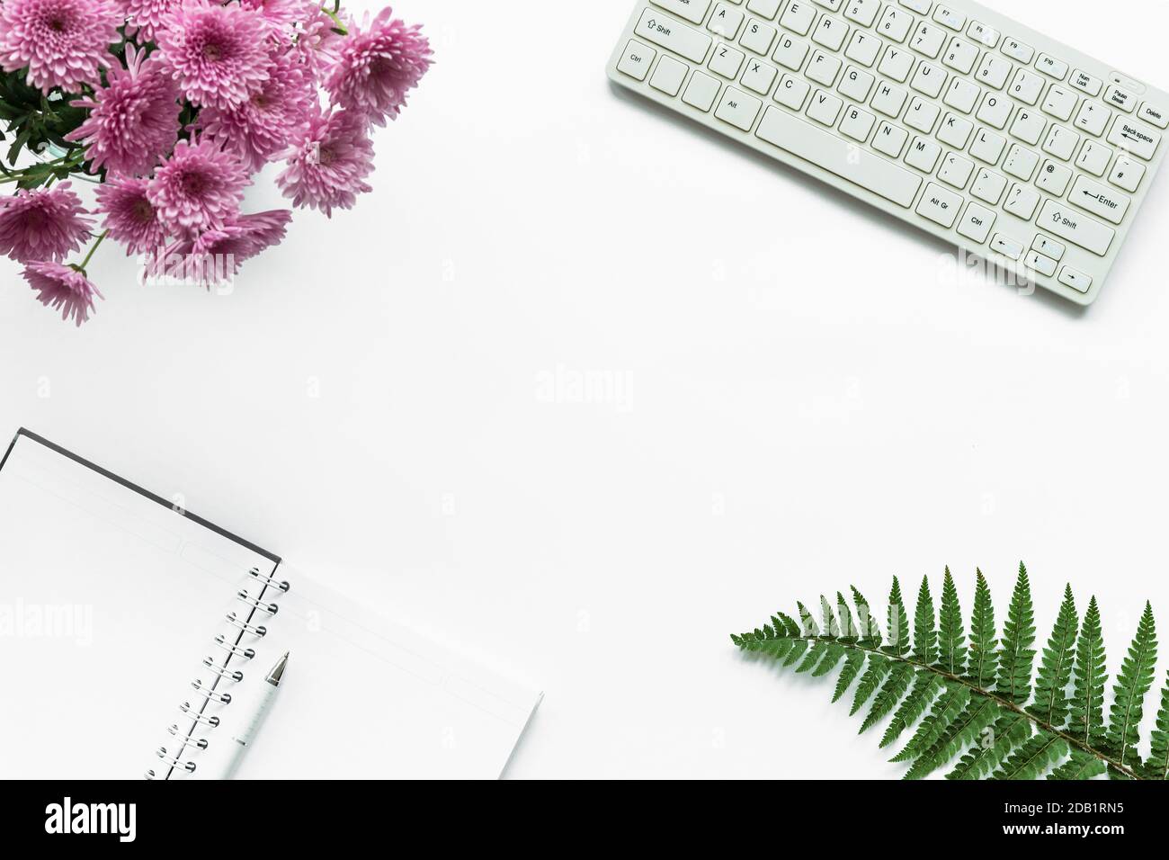 Notizbuch, Stift, Tastatur, Bouquet von rosa Chrysanthemen und Farnblätter auf weißem Hintergrund. Arbeitsplatz der Frau, Draufsicht, Kopierbereich. Stockfoto