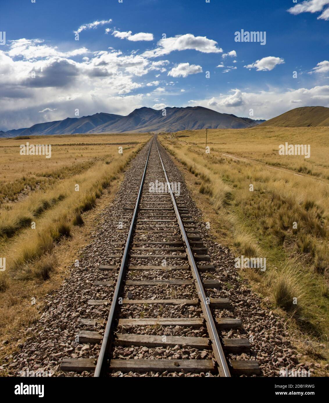 Bahnstrecke über den hohen altiplano im Süden Perus nahe dem Titicacasee. Stockfoto