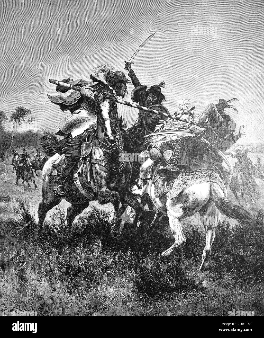 Kampf zwischen Schweden und Tataren im 17. Jahrhundert / Kampf zwischen Schweden und Tataren im Verlauf des siebenzehnten Jahrhunderts, Historisch, historisch, digital verbesserte Reproduktion eines Originals aus dem 19. Jahrhundert / digitale Produktion einer Originalvorlage aus dem 19. Jahrhundert Stockfoto