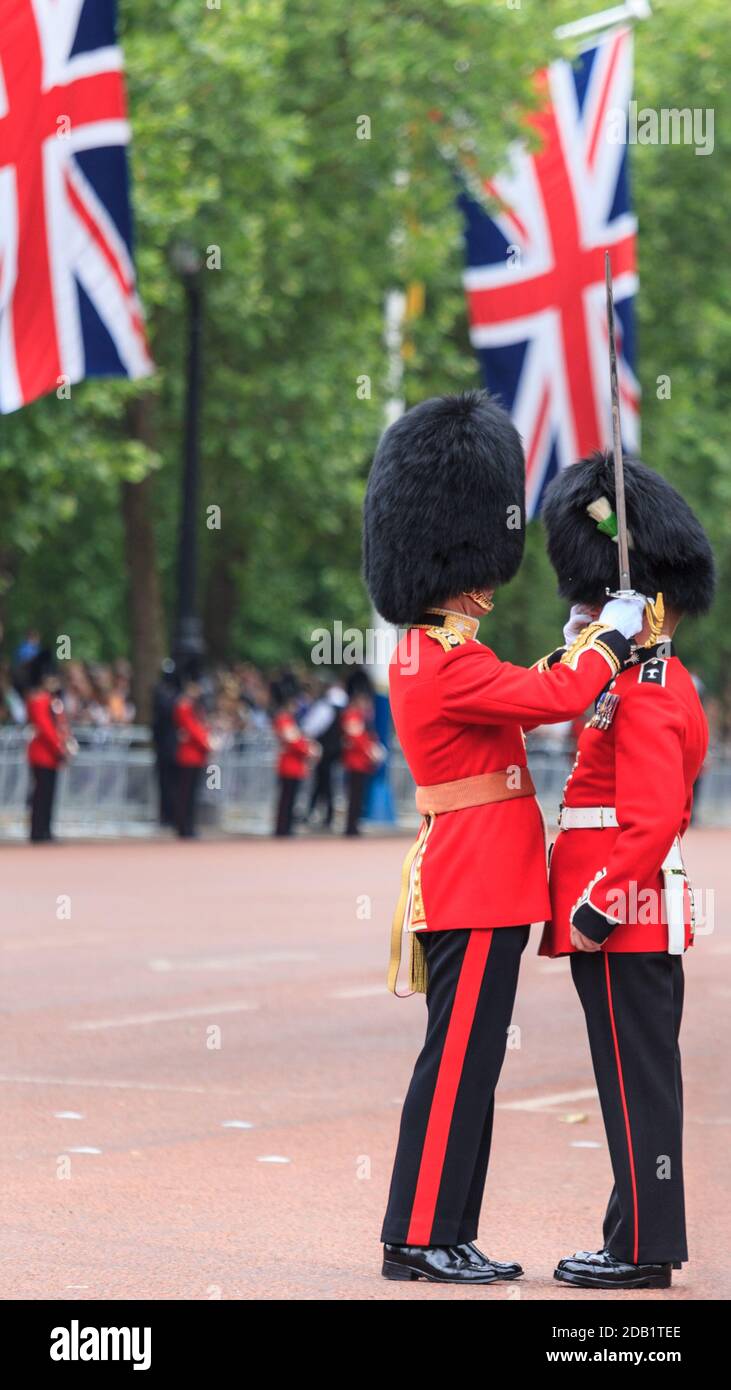 Kommandierender Offizier, der das Bärenfell eines Fußschutzes bei der Parade zur Geburtstagsparty der Trooping the Color Queen auf der Mall in London, England, justiert Stockfoto