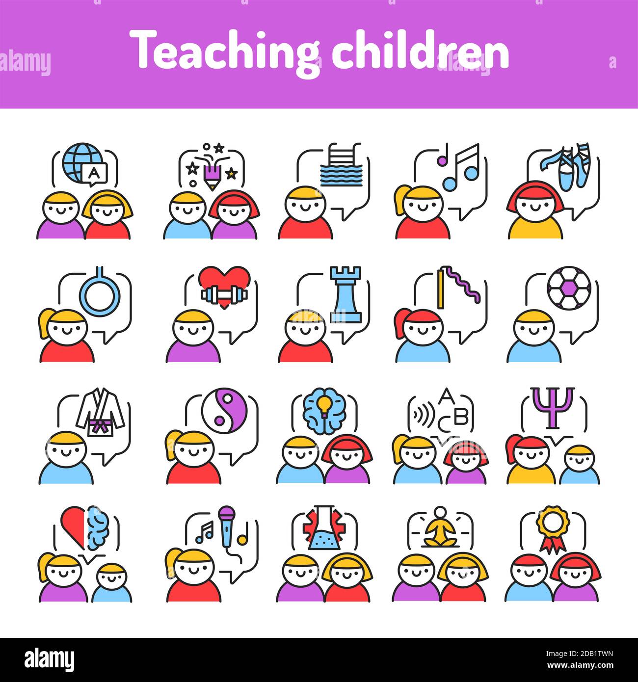 Festlegen von Farbstrichensymbolen für Kinder. Piktogramme für Webseite, mobile App, Promo. Stockfoto