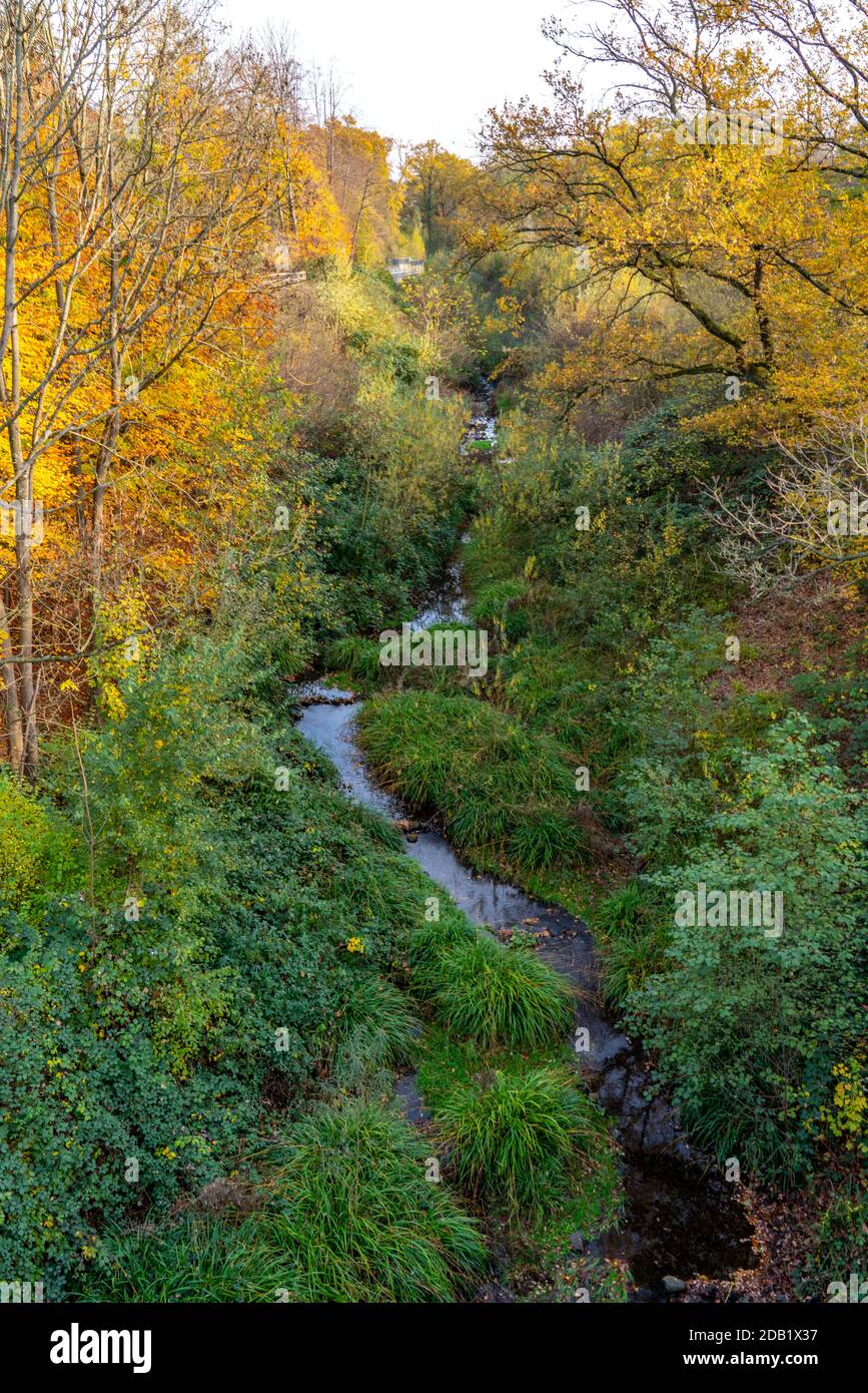 Borbecker Mühlenbach, Nebenfluss der Emscher, während der Industrialisierung wurde der Bach kanalisiert und verrohrt, als Teil der Rekonstruktion o Stockfoto