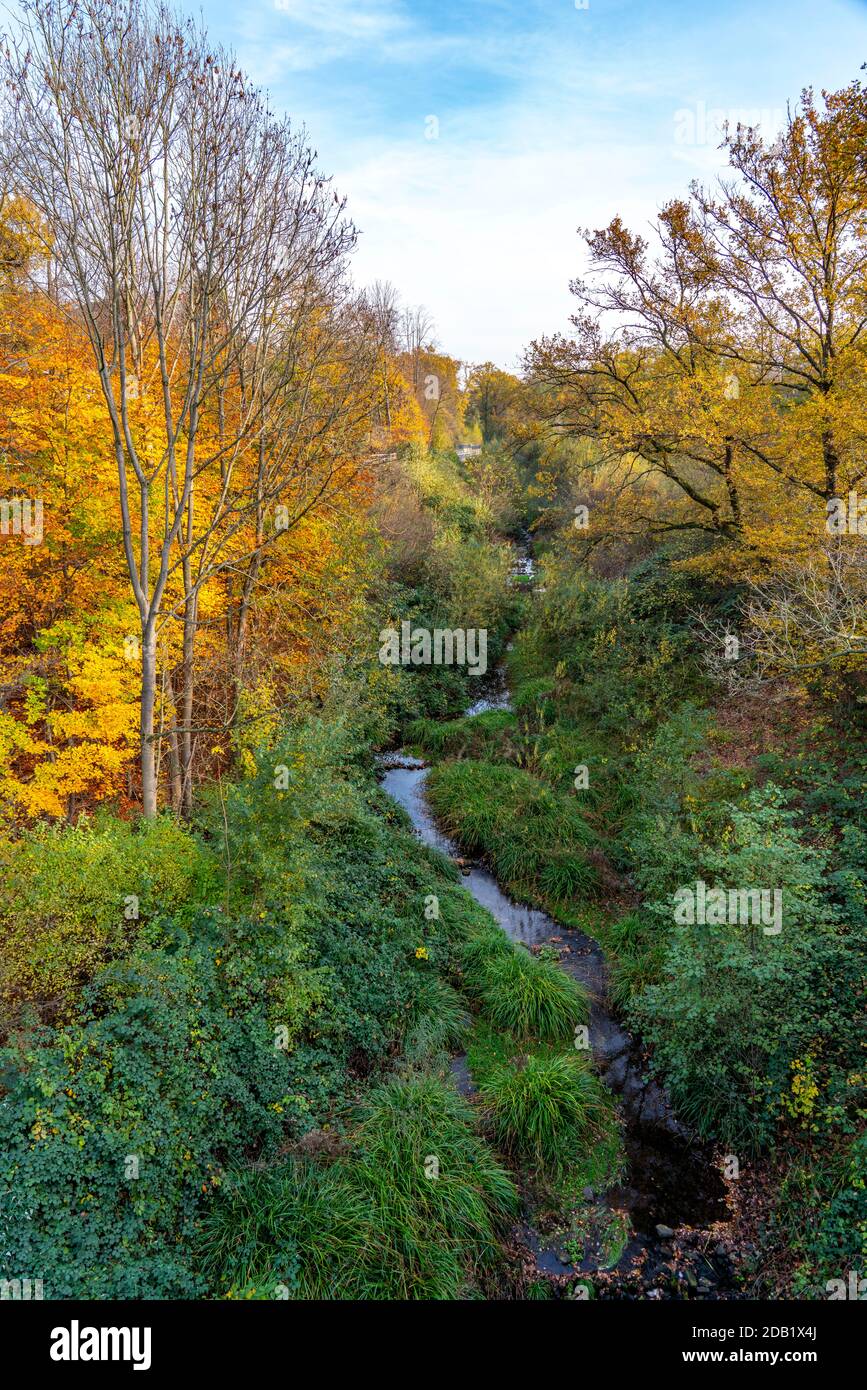 Borbecker Mühlenbach, Nebenfluss der Emscher, während der Industrialisierung wurde der Bach kanalisiert und verrohrt, als Teil der Rekonstruktion o Stockfoto