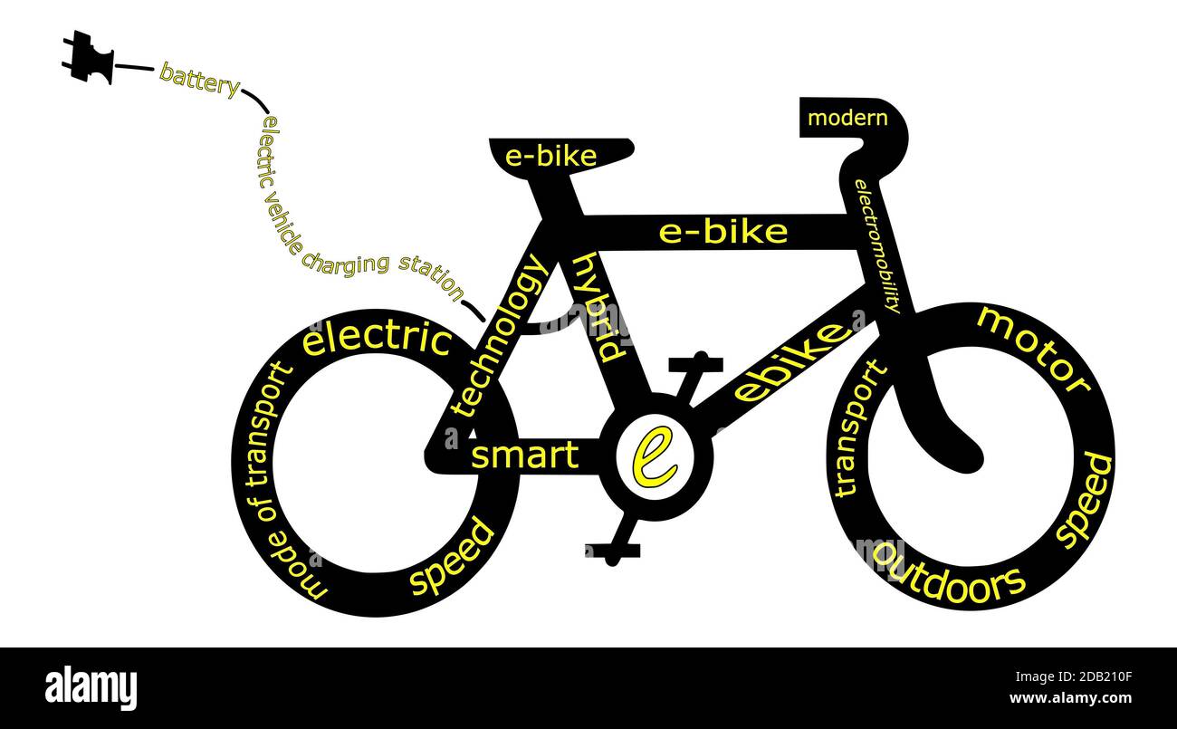 Yellow Wordcloud mit auf schwarzem Hintergrund E-Bike â €" Illustration Stockfoto