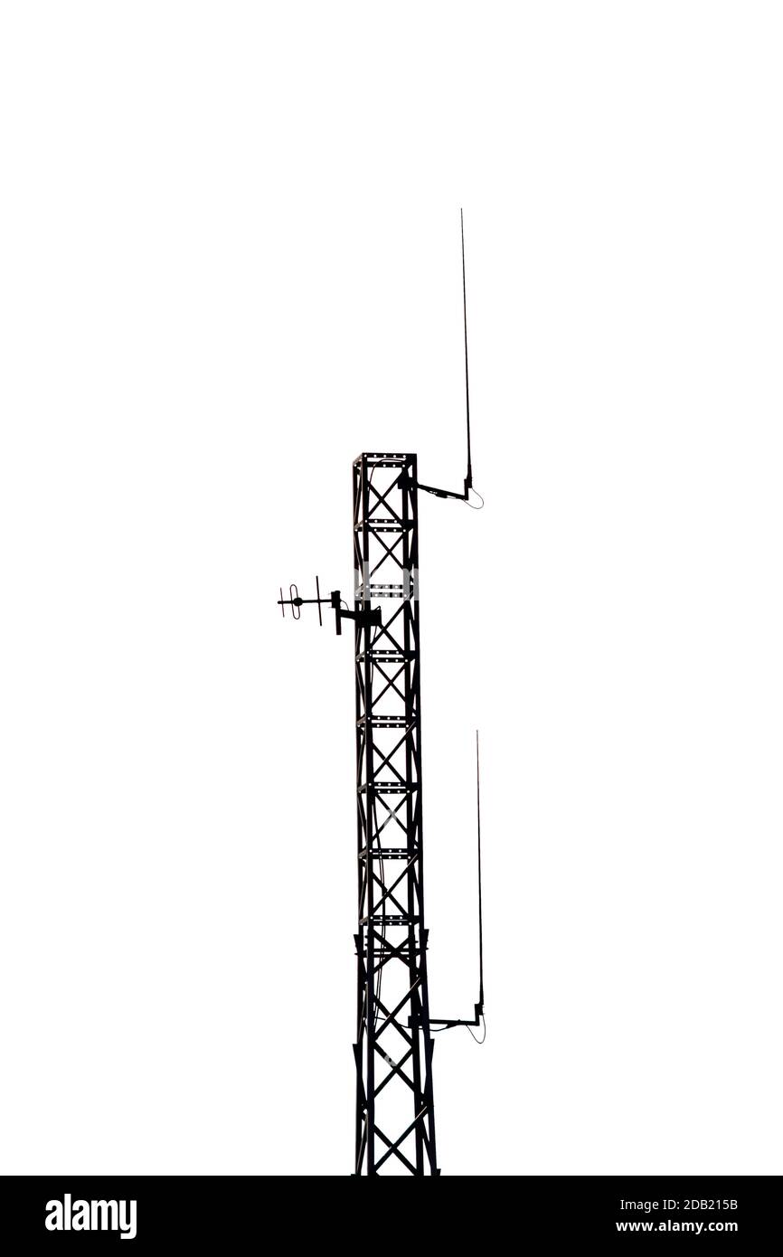 Telekommunikationsmast oder mobiler Mast mit Antennen schwarz Silhouette isoliert Auf Weiß Stockfoto