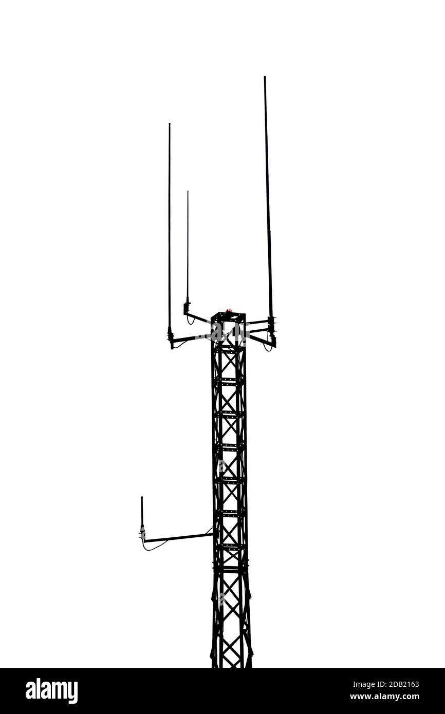 Telekommunikationsmast oder mobiler Turm mit Antennen schwarz Silhouette isoliert Auf Weiß Stockfoto