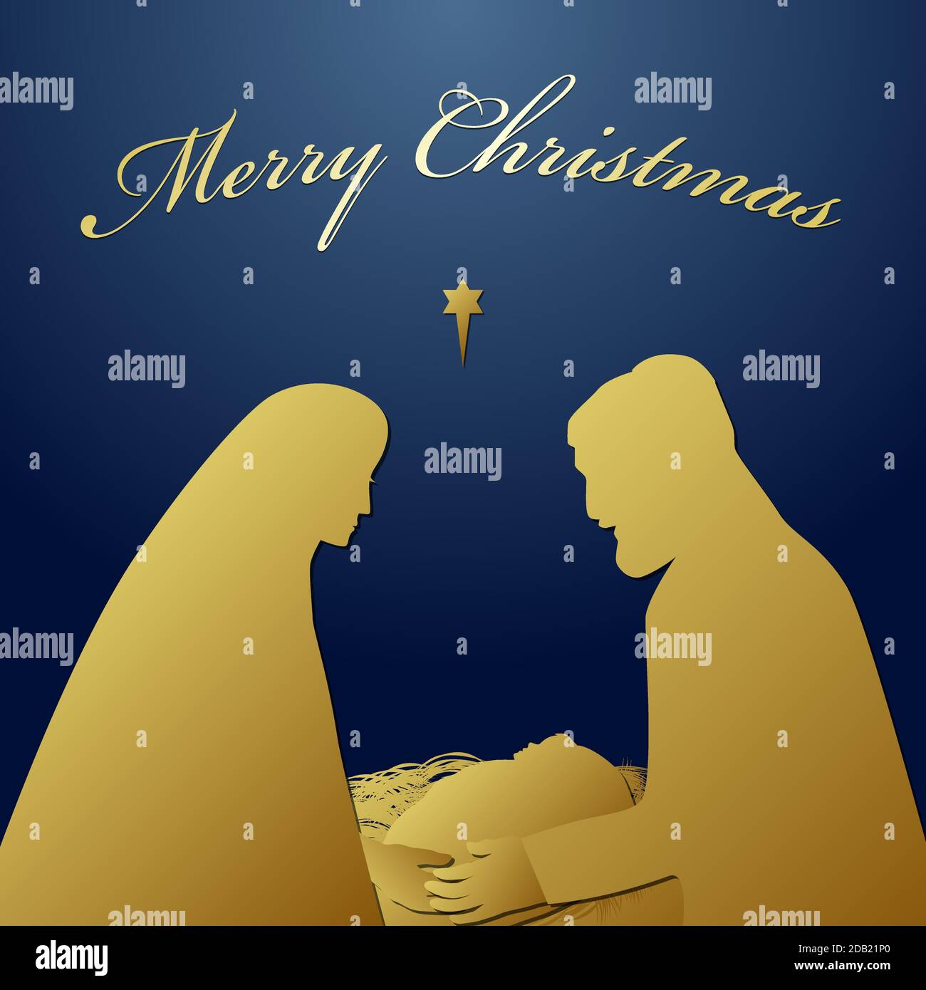 Frohe Weihnachten Heilige Nacht Religiöse Grüße Sohn gottes wurde geistliche biblische Geschichte geboren. Quadratische dunkelblaue Hintergrund Silhouette Paar Charakter Stock Vektor