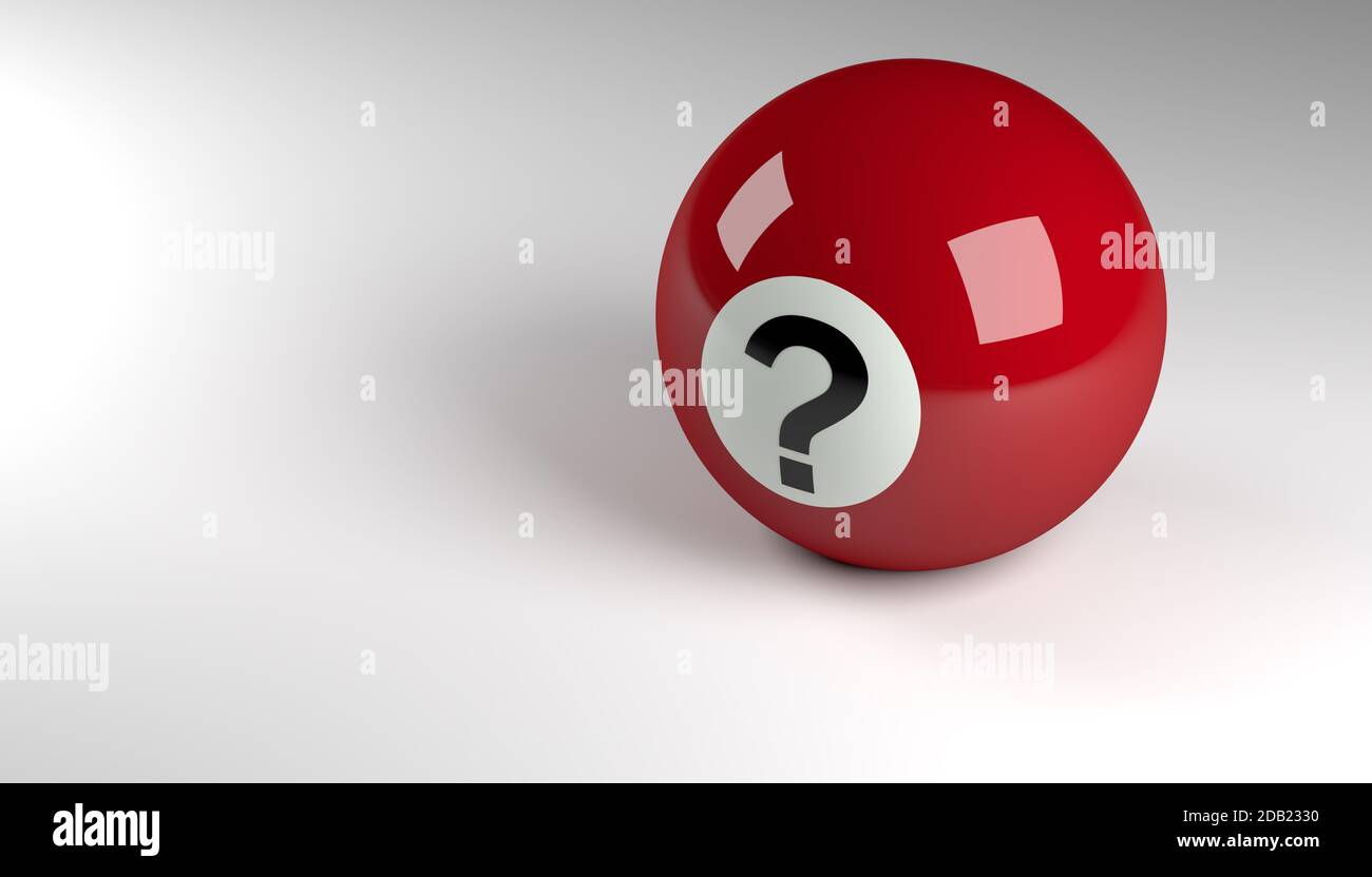 Nahaufnahme eines roten Poolballs mit Fragezeichen, Q und EINEM oder FAQ-Konzept mit Platz für Text, 3D-Rendering Stockfoto