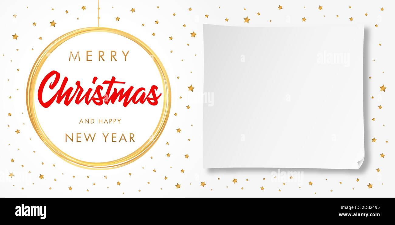 Frohe Weihnachten und ein glückliches neues Jahr kalligraphische weiße Grußkarte. Weihnachten goldene Kugel und Sterne Vektor-Design-Karte Vorlage. Kreative Typografie Stock Vektor