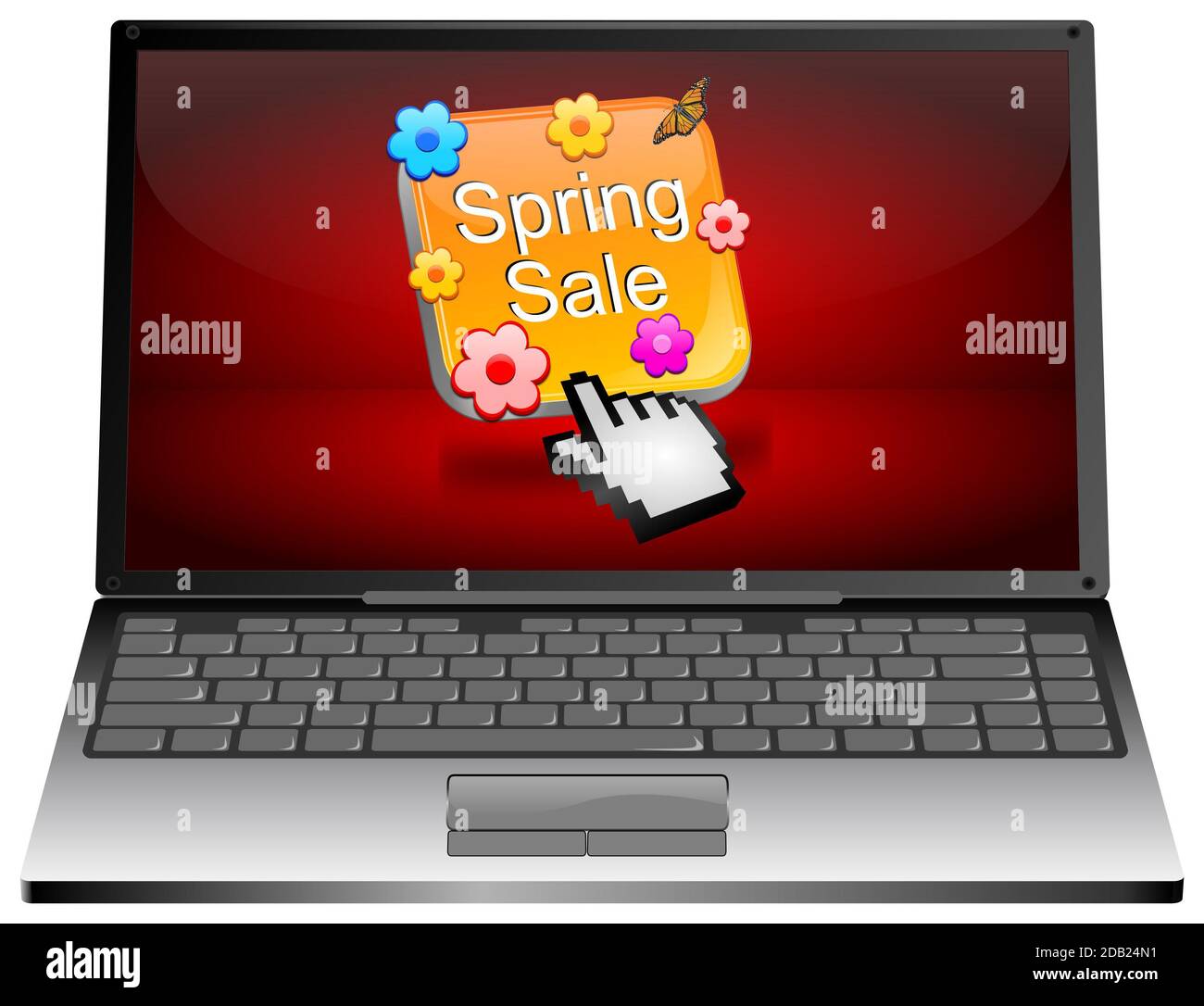 Laptop-Computer mit orangefarbener Spring Sale-Taste auf rotem Desktop - 3D-Illustration Stockfoto