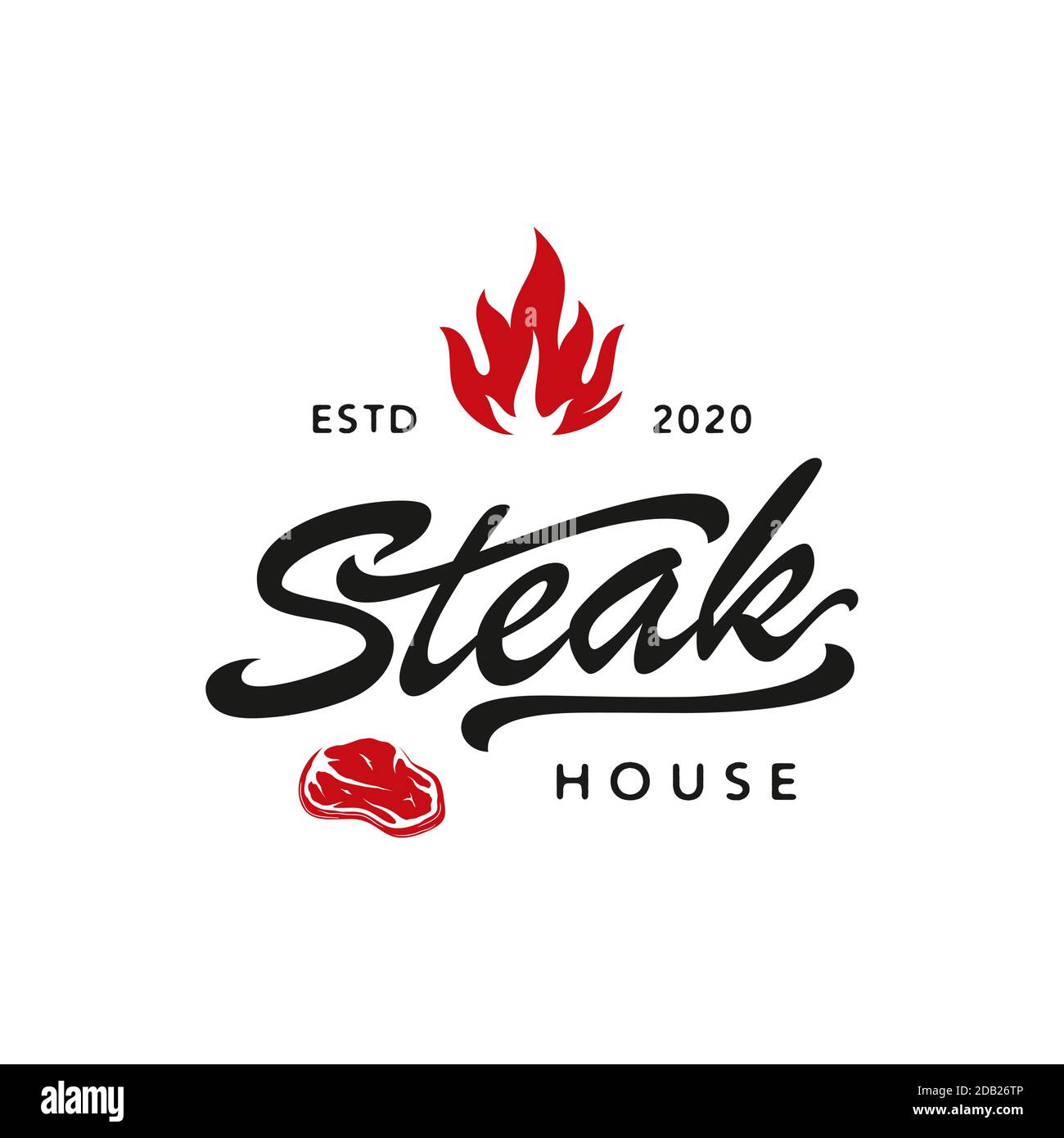 Steakhaus mit Feuerflamme und gekreuzten Cleavers im rustikalen Vintage-Grunge-Stil. Handgezeichnete gravierte Lagerfeuer- oder Brennskizze. Vektor-Logo-Design Stock Vektor