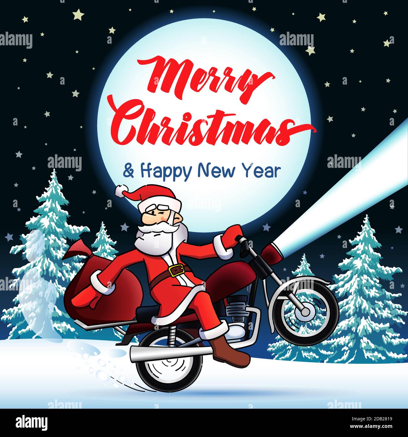 Santa Biker Frohe Weihnachten und Happy New Year Grußkarte. Frohe