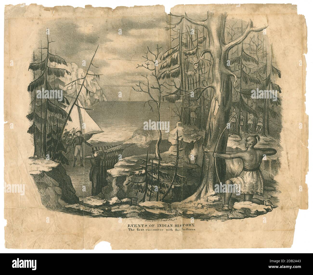 Antike c1841-Gravur, „die erste Begegnung mit den Indianern“ aus James Wimers Ereignissen in der indischen Geschichte. QUELLE: ORIGINALGRAVUR Stockfoto