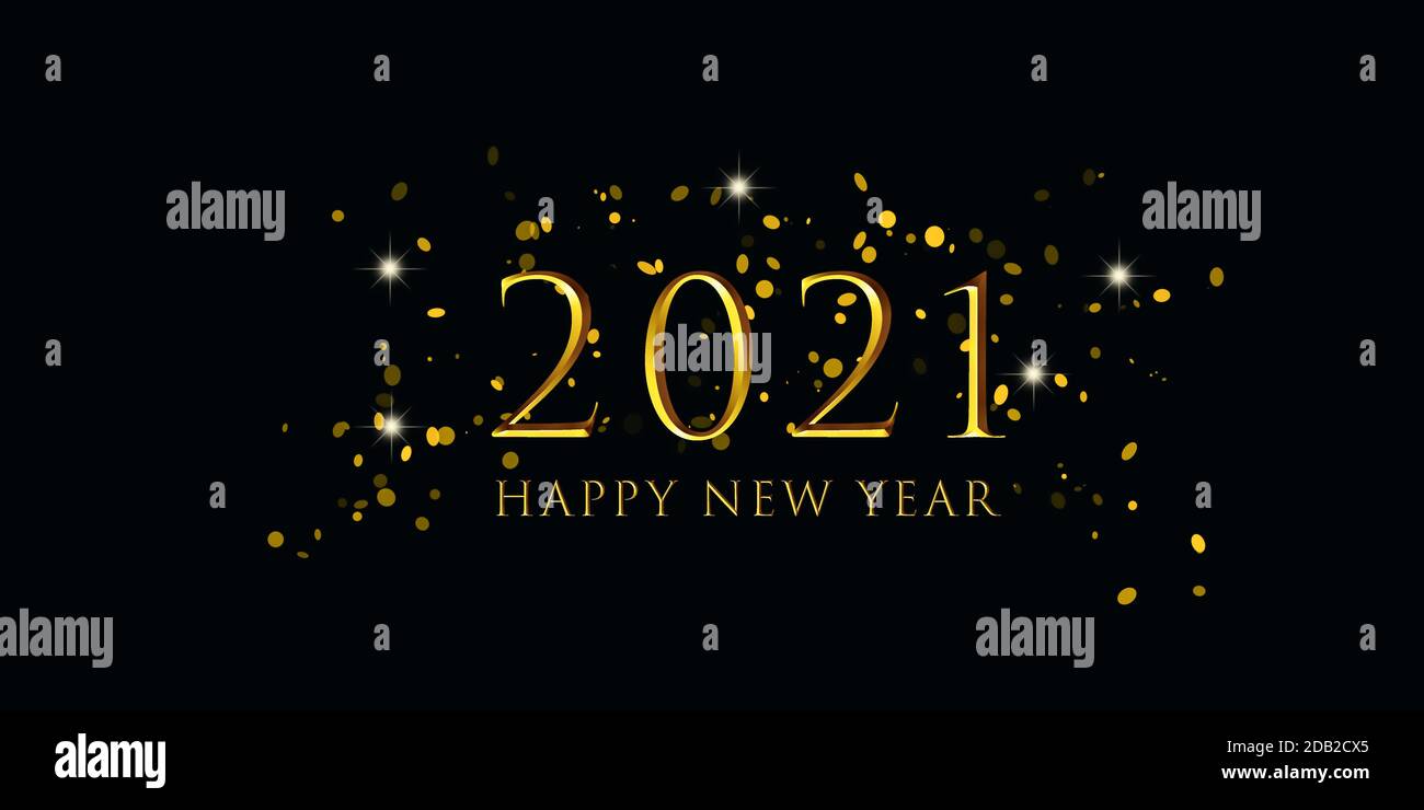 Glückwünsche zum neuen Jahr 2021 Grußkarte mit elegantem Goldtext, glitzernden Sternen und Konfetti isoliert auf schwarzem Hintergrund. Stockfoto