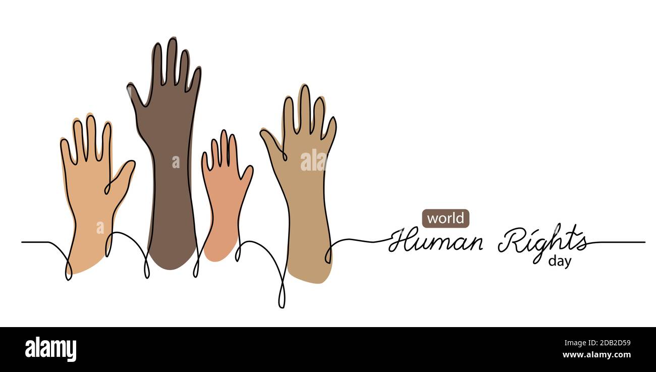 Menschenrechts Tag Konzept, Banner, Hintergrund mit farbigen Händen. Eine Linie Zeichnung Kunst Illustration mit Schriftzug Welt Menschenrechte Stock Vektor