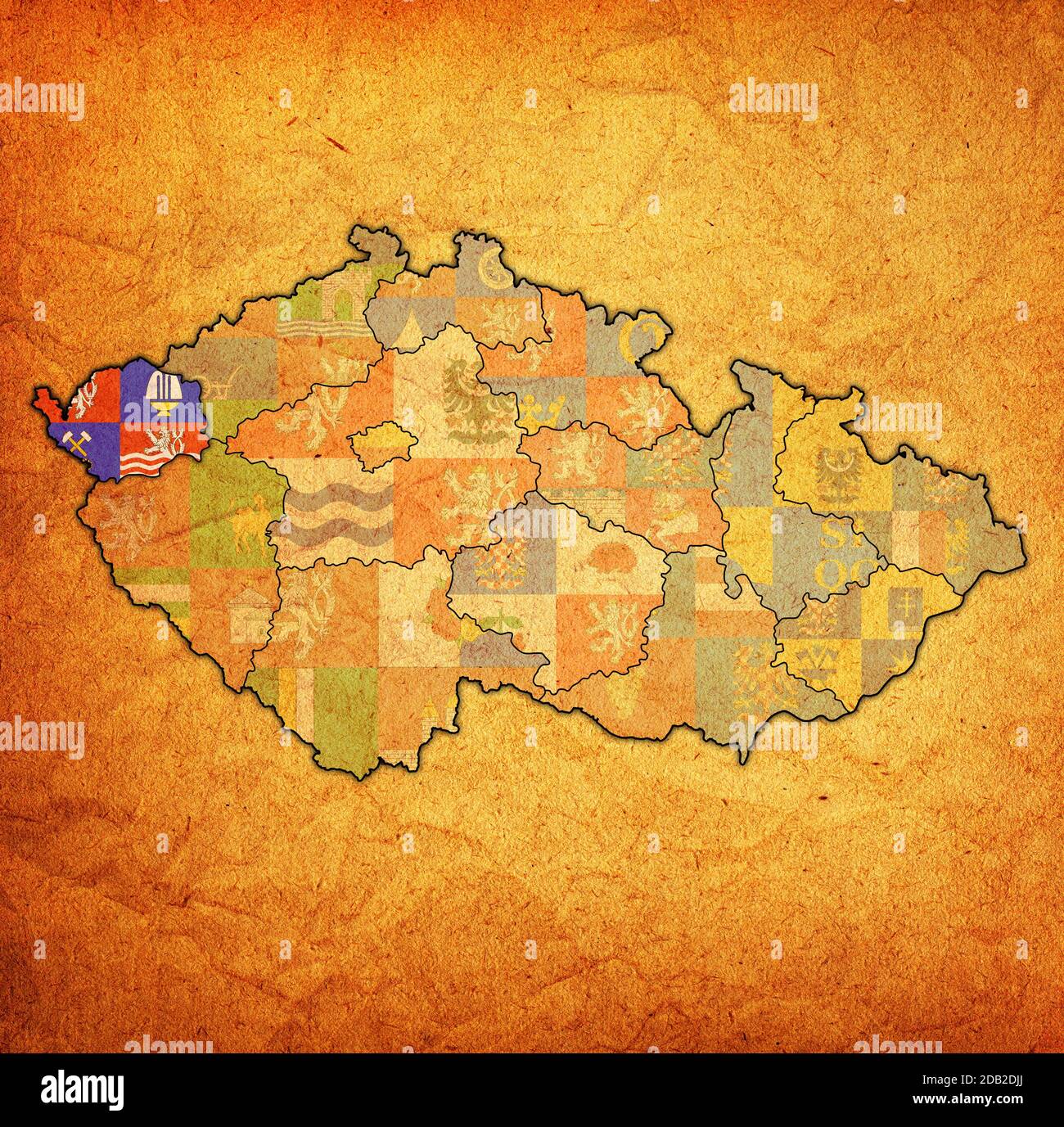 Wahrzeichen der karlsbader Region auf der Karte mit administrativen Einteilungen und Grenzen Tschechiens Stockfoto