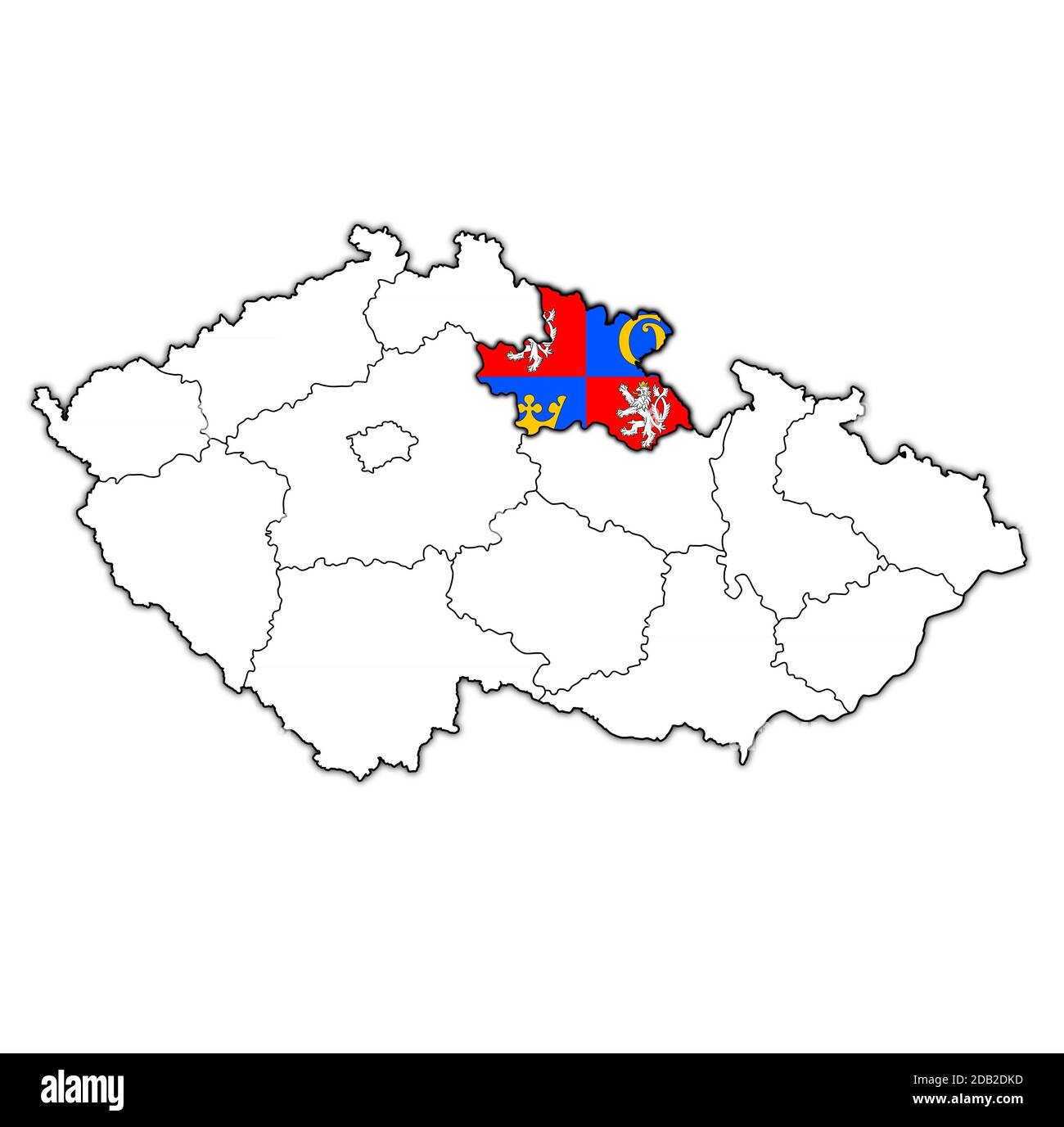 Emblem der region hradec kralove auf der Karte mit Verwaltungseinteilungen und Grenzen Tschechiens Stockfoto