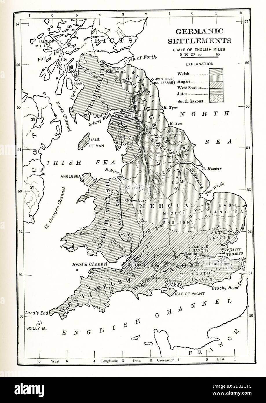 Germanische Siedlungen in England. Diese Karte zeigt germanische Siedlungen in England in der Antike. Die schattigen Bereiche sind: Walisisch, Angles, Westsachsen, Jutes, Südsachsen. Stockfoto