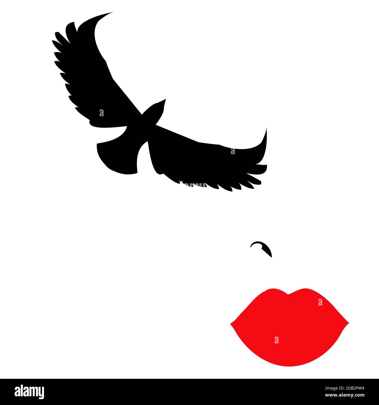 Illustration eines Modells mit roten Lippen und den Wimpern in Form eines Vogels, ein minimaler Ansatz Stockfoto