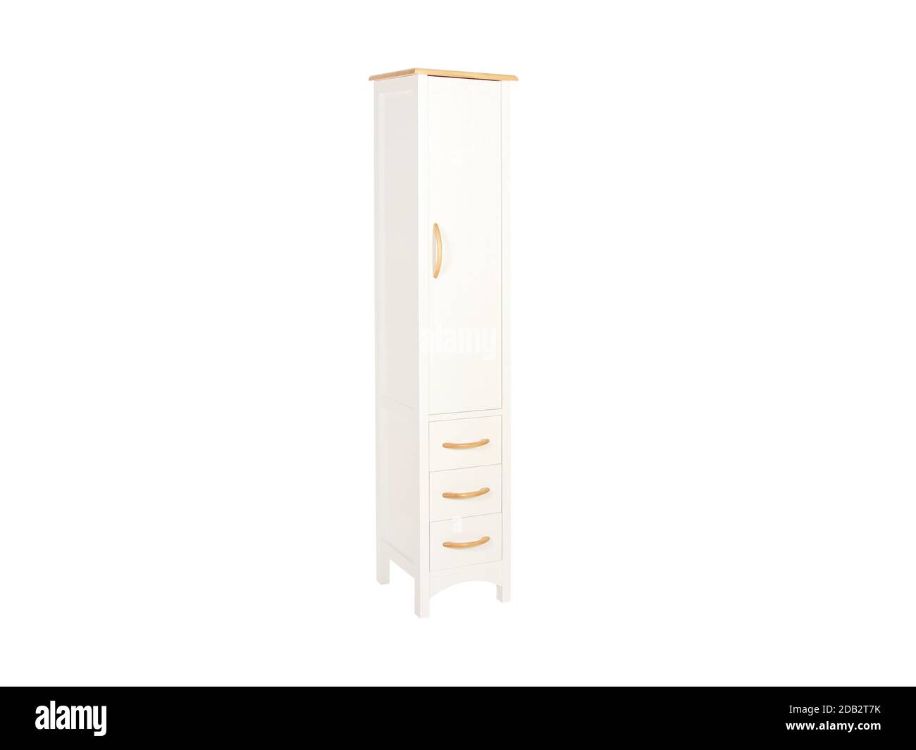 Ein weißer schmaler Kleiderschrank isoliert auf weißem Hintergrund Stockfoto