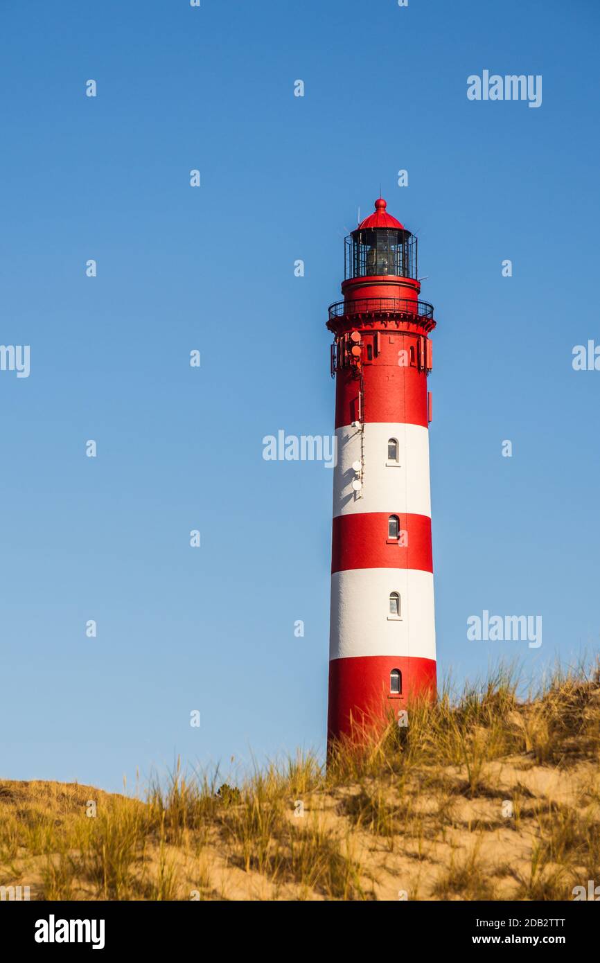 Leuchtturm vor blauem Himmel auf der nordfriesischen Insel Amrum, Wittduen, Nordsee, Schleswig-Holstein, Deutschland Stockfoto