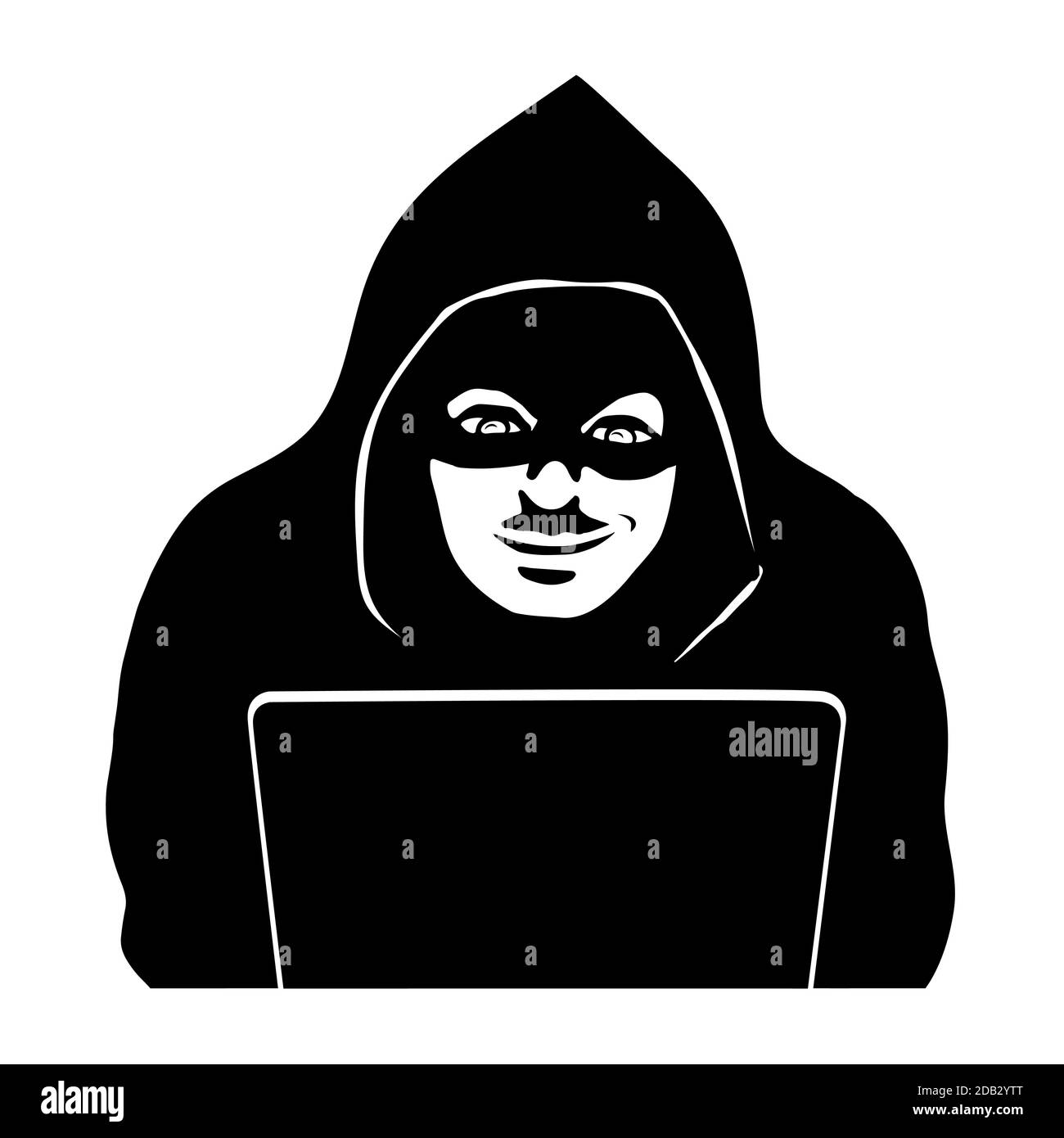 Männlicher Hacker an einem Laptop. Schwarze Silhouette mit geschlossenem Gesicht. Cyberangriff. Vektorgrafik. Stock Vektor