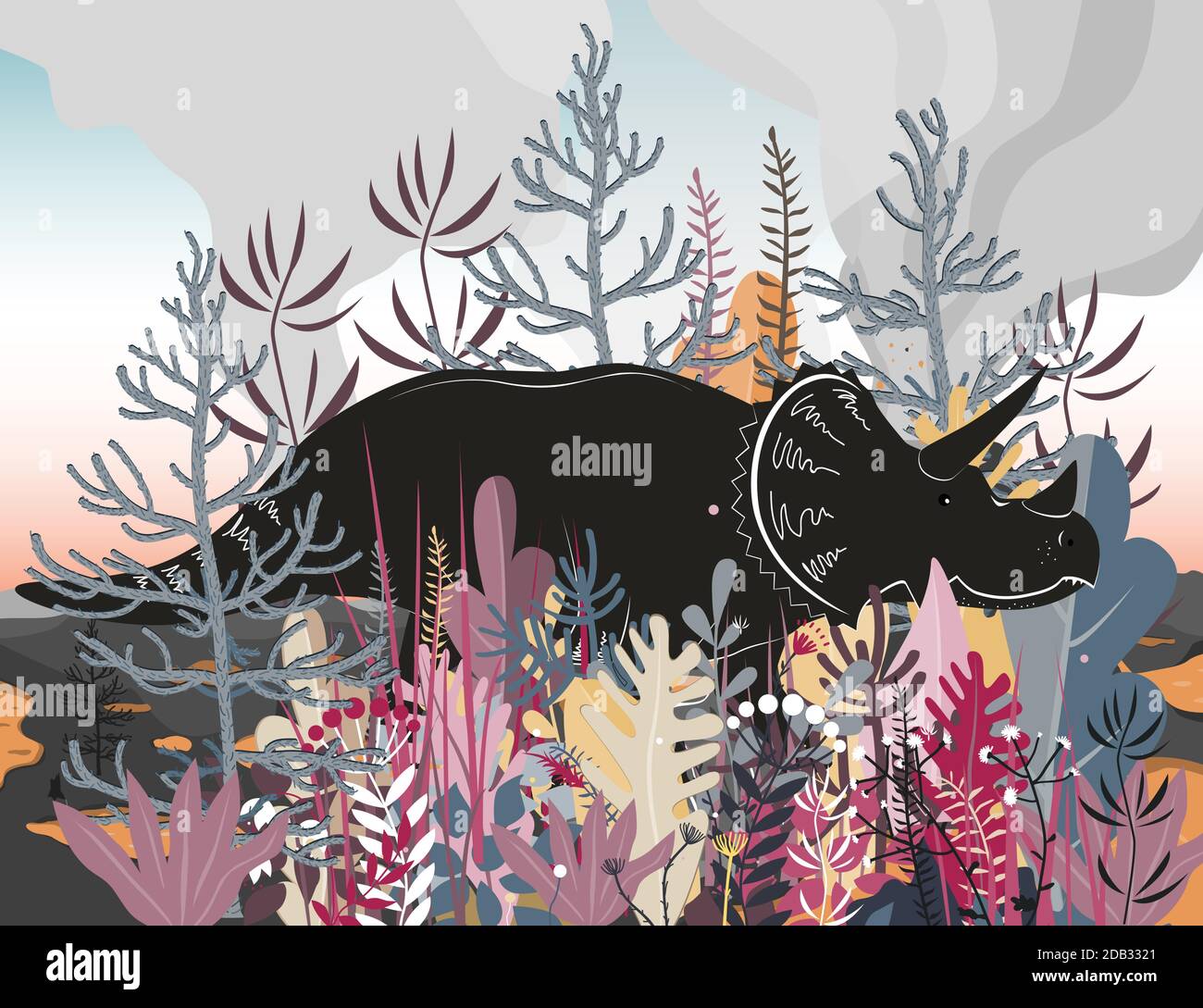 Triceratops Dinosaurier wandern durch ein Waldgebiet mit Vulkanlandschaft Hintergrund. Vektorgrafik Stock Vektor