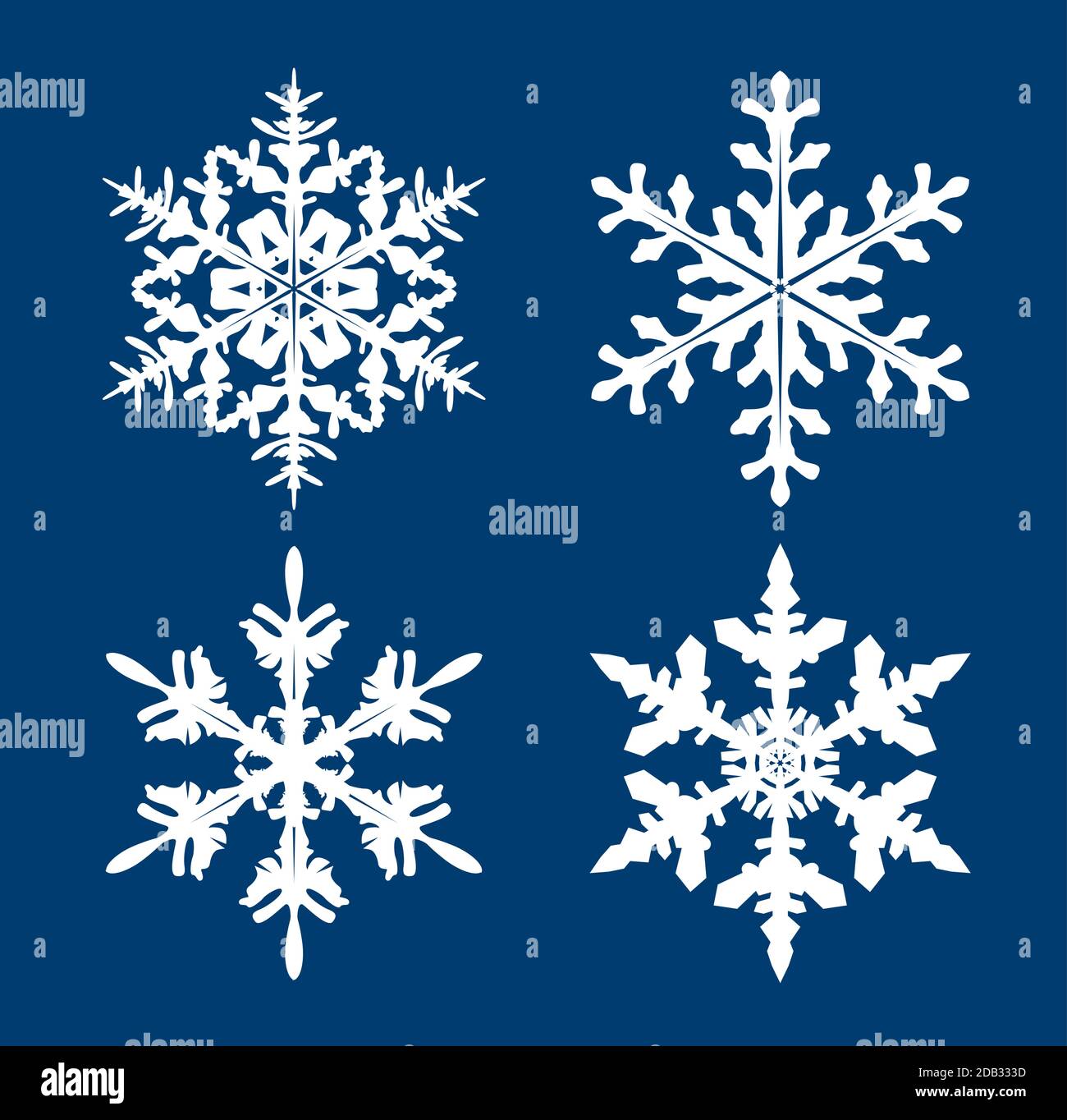 Sammlung von weißen Schneeflocken auf blauem Hintergrund. Vektor Illustration und Logo Design. Stock Vektor