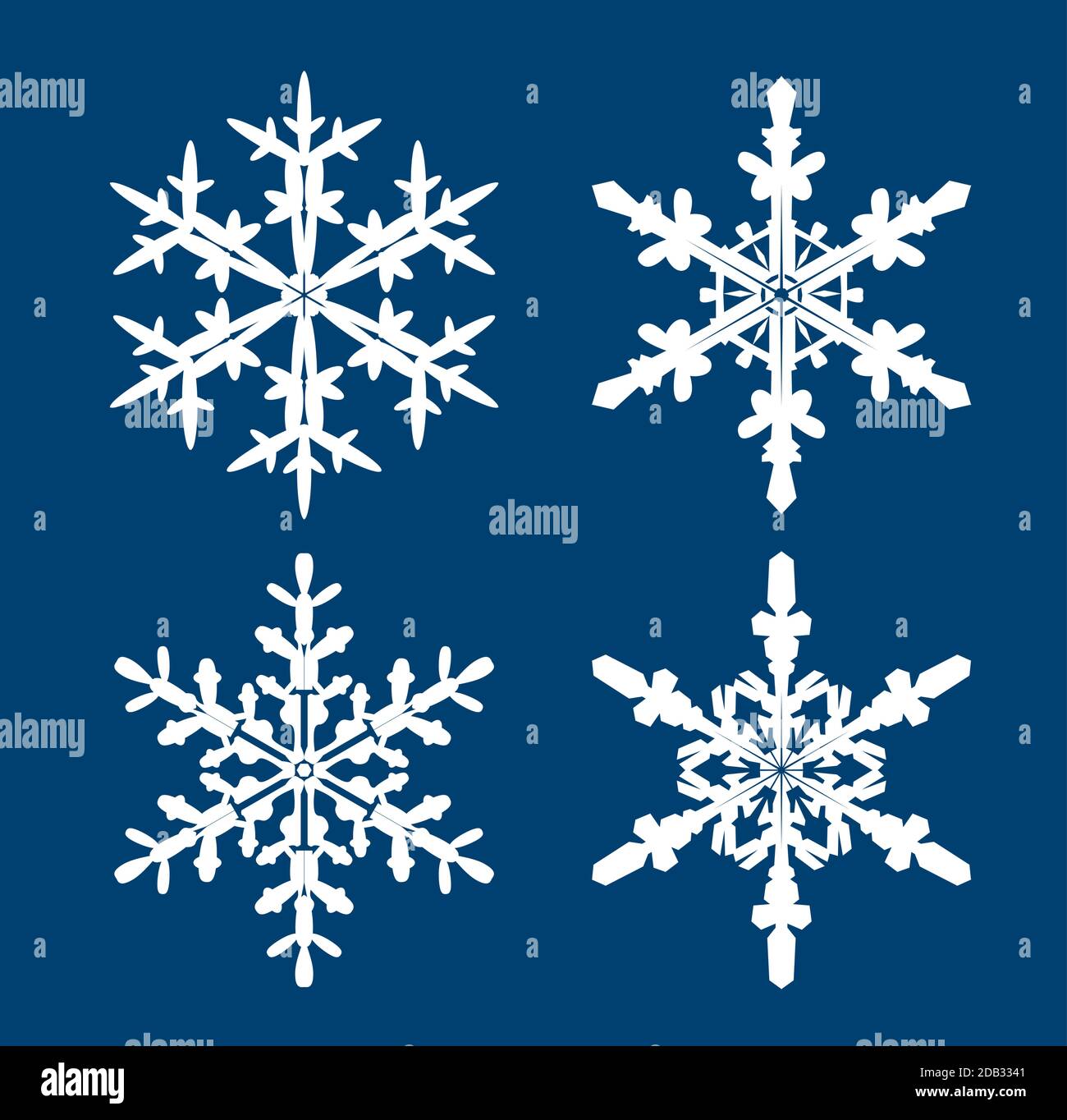 Sammlung von weißen Schneeflocken auf blauem Hintergrund. Vektor Illustration und Logo Design. Stock Vektor