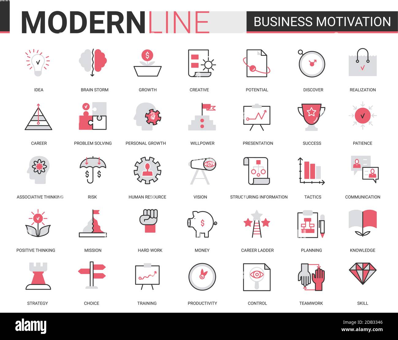 Business Motivation dünne rote schwarze flache Linie Symbol Vektor-Illustration Set mit motivationalen Umriss Symbole für die Produktivität von Finanzprozessen, Teamarbeit Geschäftsplanung, Kommunikationstraining Stock Vektor