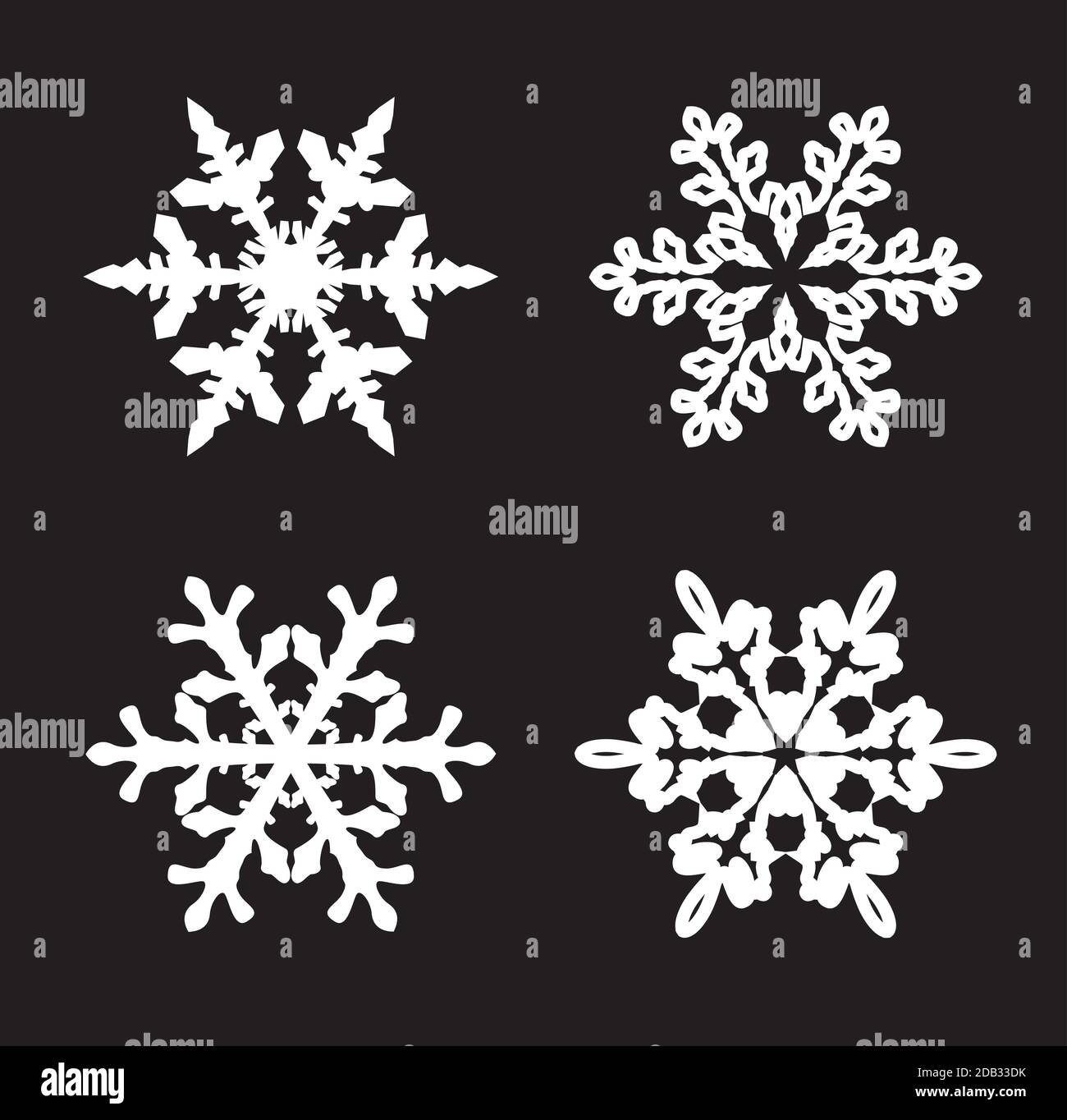 Sammlung von weißen Schneeflocken auf schwarzem Hintergrund. Vektor Illustration und Logo Design. Stock Vektor