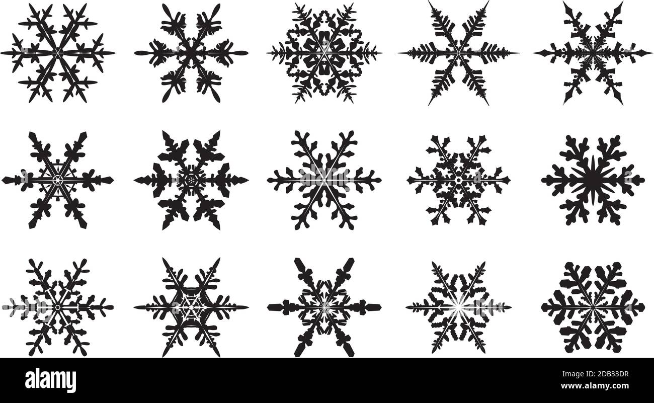 Winter Set schwarz isoliert Schneeflocke Symbole. Vektorgrafik. Stock Vektor