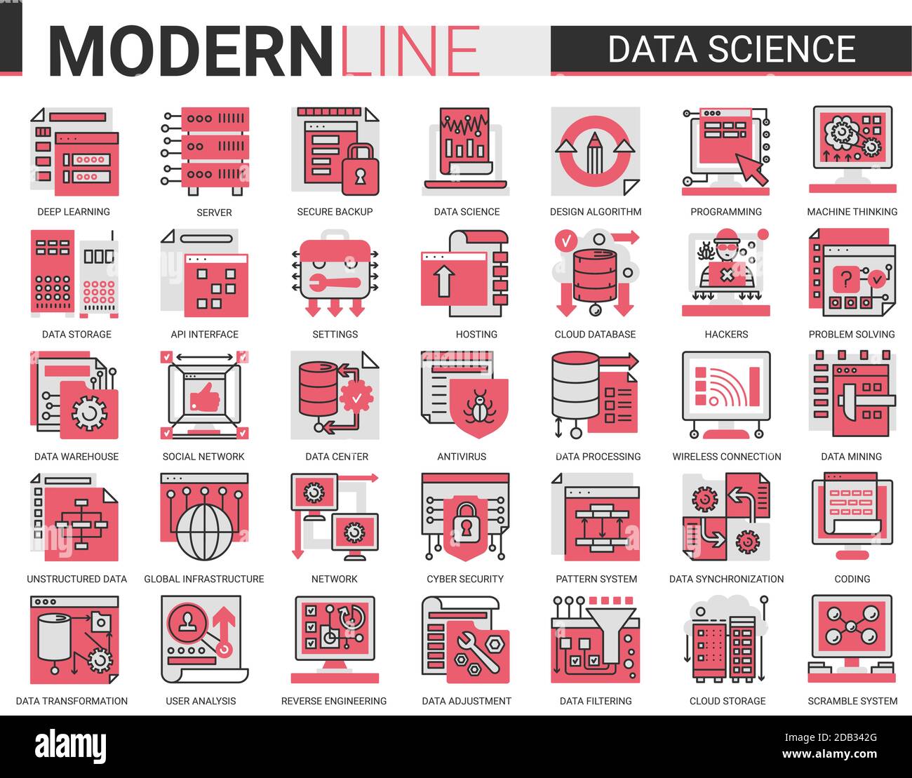 Data Science komplexe Konzept flache Linie Symbol Vektor-Set mit Umriss Symbole Sammlung wissenschaftliche Technologie in Datenbank-Speicher Internet-Systeme, Cyber-Sicherheit der Netzwerkverbindung Stock Vektor