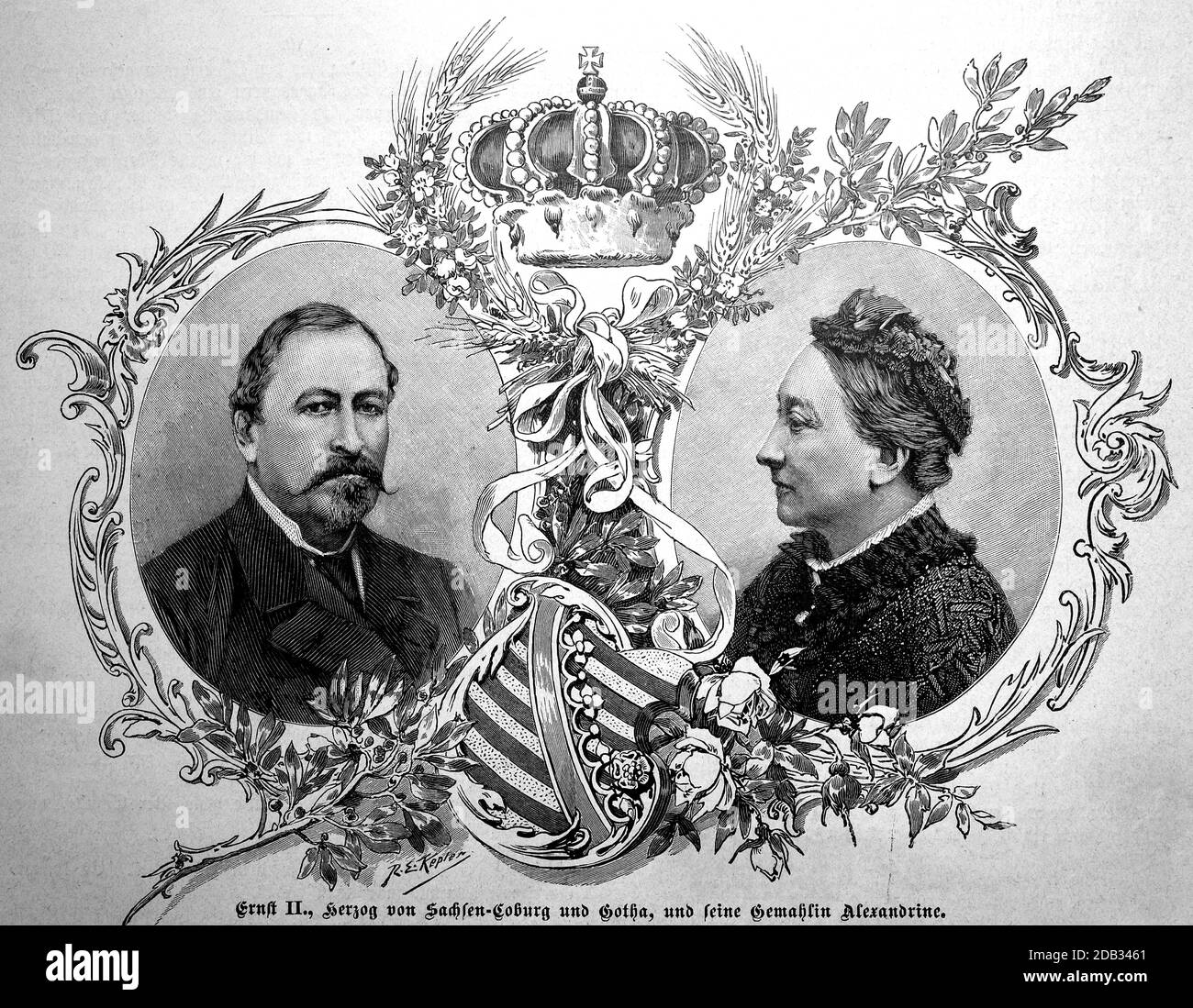 Ernst August Karl Johann Leopold Alexander Eduard, Herzog von Sachsen-Coburg und Gotha, 21. Juni 1818 - 22. August 1893 und seine Frau Alexandrine von Baden, 6. Dezember 1820 - 20. Dezember 1904 / Ernst August Karl Johann Leopold Alexander Eduard, Herzog von Sachsen-Coburg und Gotha, 21. Juni 1818 - 22. August 1893 und seine Gemahlin Alexandrine von Baden, 6. Dezember 1820 - 20. Dezember 1904, Historisch, historisch, digital verbesserte Reproduktion eines Originals aus dem 19. Jahrhundert / digitale Reproduktion einer Originalvorlage aus dem 19ten Jahrhundert. Jahrhundert, Stockfoto