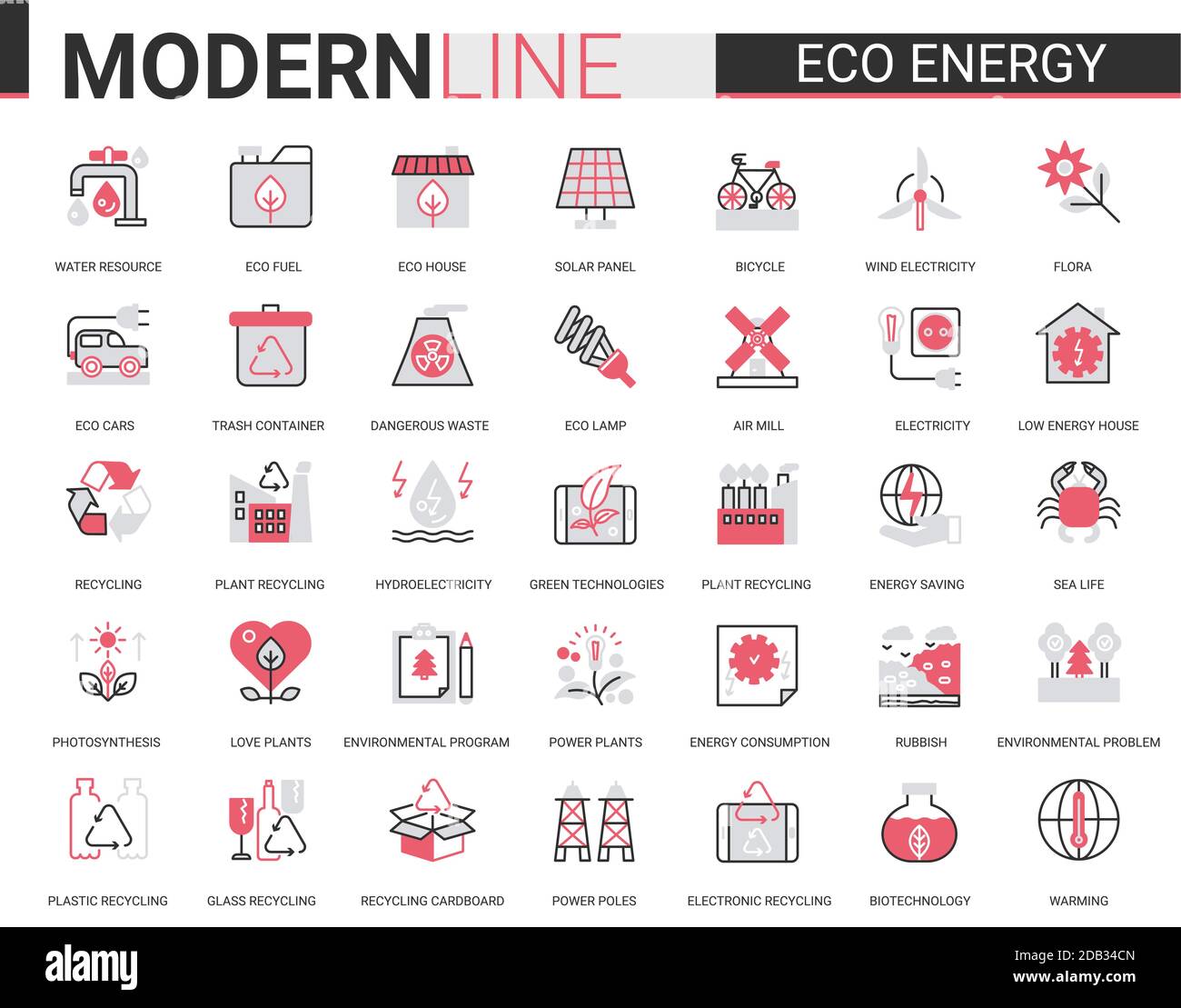 Eco Energy Flat Line Icon Vektor Illustration Set. Rot schwarz Website Design Sammlung von ökologischen Problemen lineare Symbole, Umwelt-Ökosystem-Schutz und grüne Abfälle Recycling-Technologie Stock Vektor