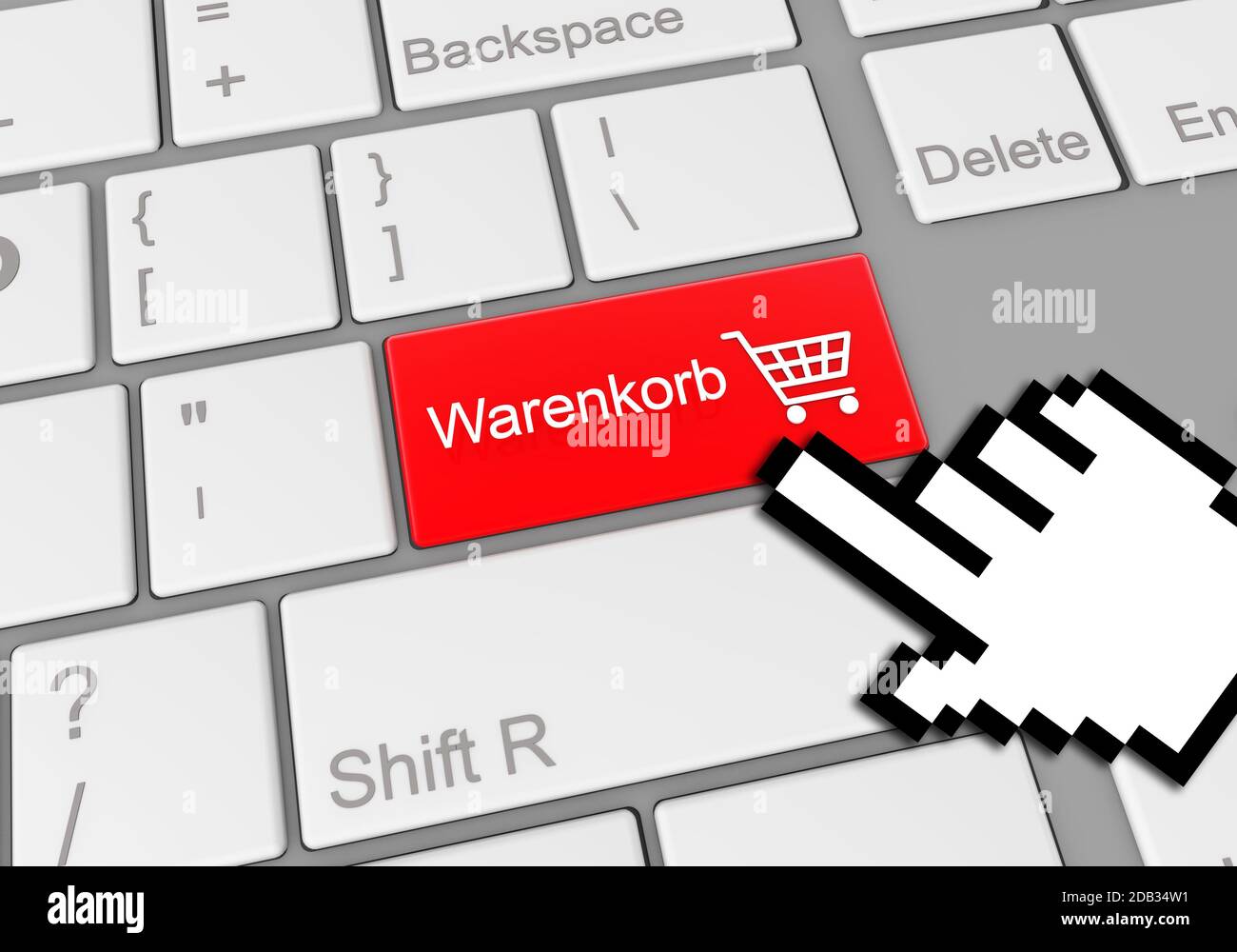 Eine digitale Abbildung eines Mausklicks auf eine rote Warenkorb-Tastatur-Taste  in deutsch für den Online-Einkauf Stockfotografie - Alamy