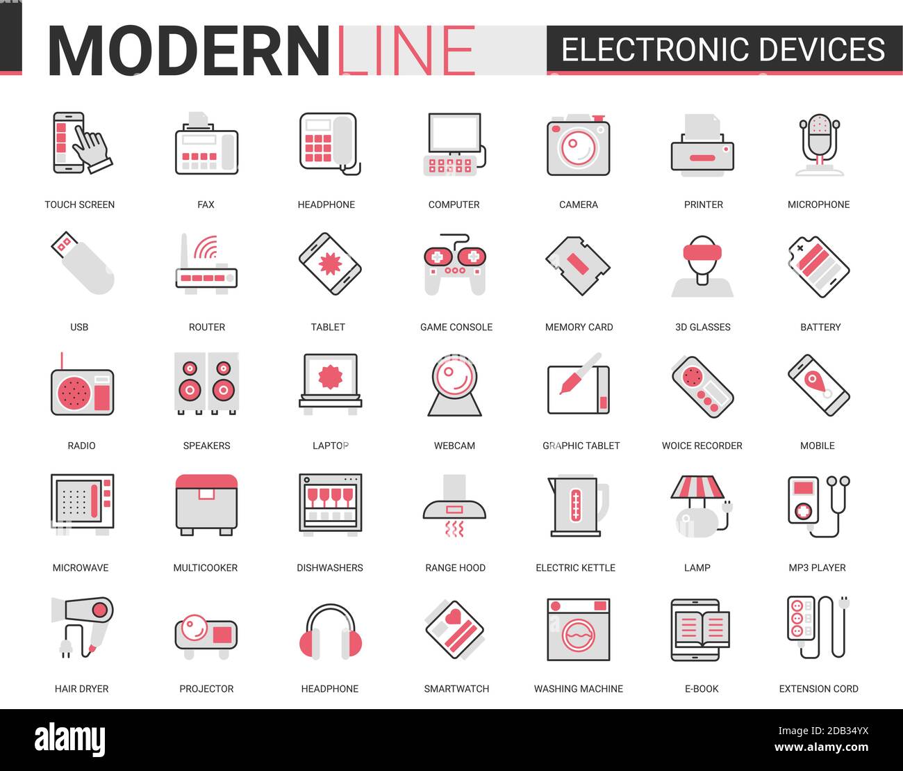 Elektronische Geräte flache Linie Symbol Vektor Illustration Set. Rot schwarz Computerspiel Zubehör und Küchengeräte Sammlung von Umriss elektronisch Symbole für Gadget oder Küchengeräte zu speichern Stock Vektor
