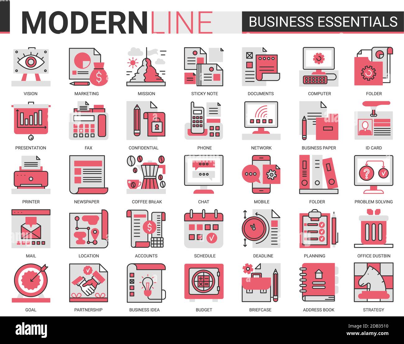 Business Complex Concept Flat Line Icon Vector Set. Business Essential Website skizzieren Piktogramm Symbole Sammlung mit Büroobjekten, Ausrüstung Dokumente für die finanzielle Entwicklung Stock Vektor