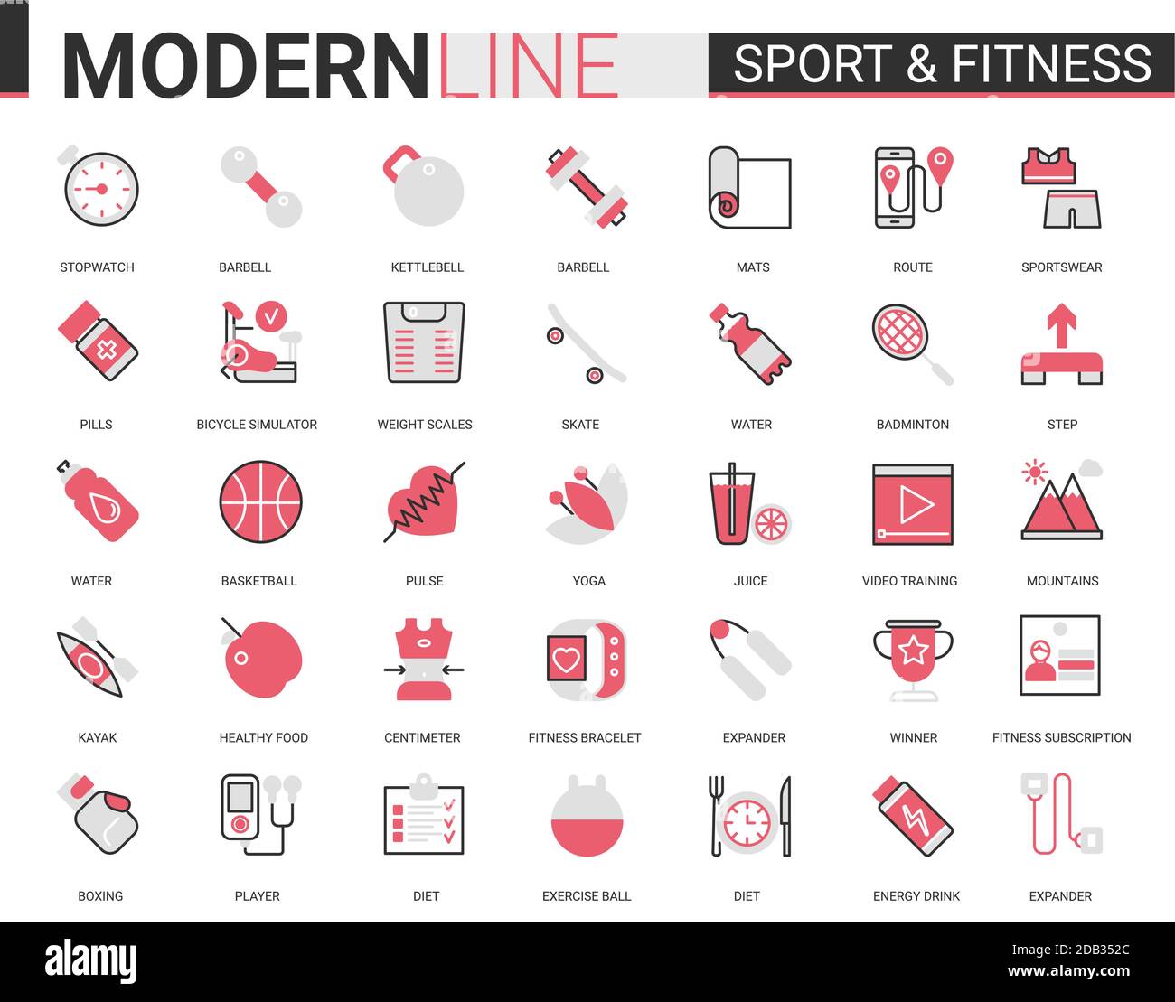 Fitness gesunde Lebensweise flach dünne rote schwarze Linie Symbol Vektor-Illustration Set mit sportlichen Sportgeräten Umriss Symbole für Sport-Übungen und Yoga-Aktivität, Training und Gesundheit Ernährung Stock Vektor