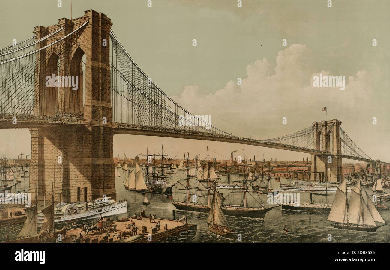 Die East River Bridge, gebaut von Ingenieur George Roebling, verbindet Manhattan mit Brooklyn. Der Fluss ist überfüllt mit Segelschiffen und einem Paddeldampfer dargestellt. . Stockfoto