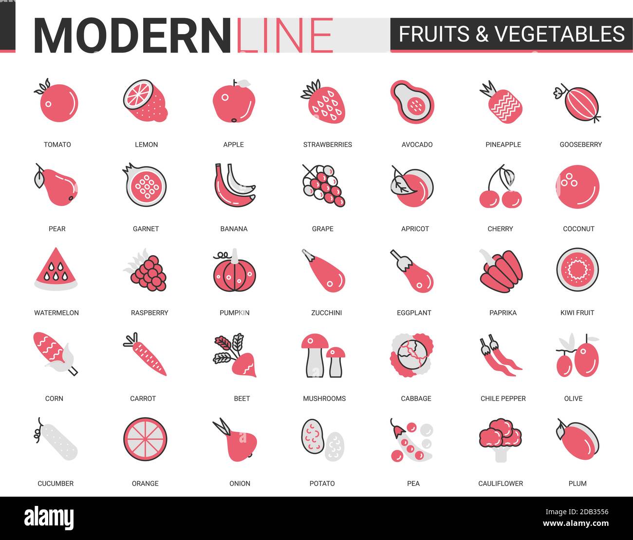 Obst Gemüse flach dünne rote schwarze Linie Symbol Vektor-Illustration Set mit Umriss frische Bio-vegetarische Lebensmittel Symbole, Sammlung von Maisäpfel, Karotte Zwiebel Kartoffel Avocado Pilz Tomate Stock Vektor