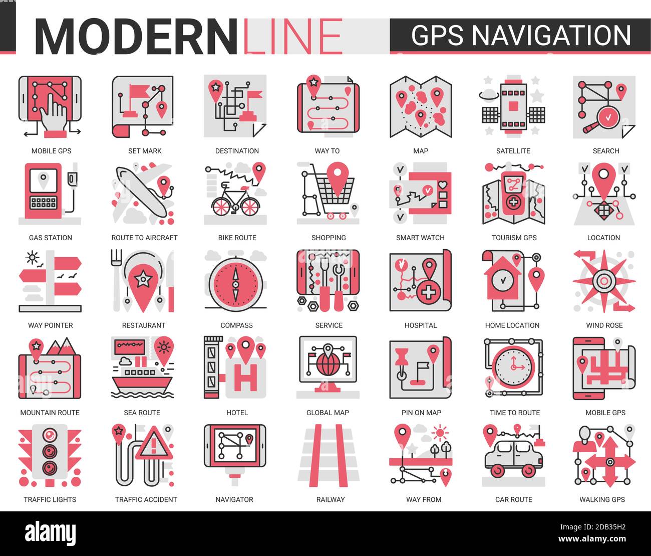 GPS Navigation Service komplexe Konzept flache Linie Symbol Vektor Illustration Set Sammlung von Reisesymbolen für mobile Navigator, Karte Geo-Position von zu Hause oder Reise Ziel. Stock Vektor