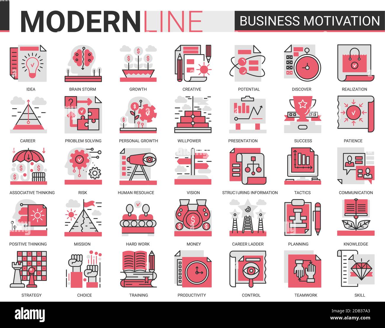 Business Motivation komplexe Konzept flache Linie Symbol Vektor-Set mit Motivationslinien Symbole, Produktivität von Finanzprozessen, Teamarbeit Geschäftsplanung, Kommunikationstraining Stock Vektor