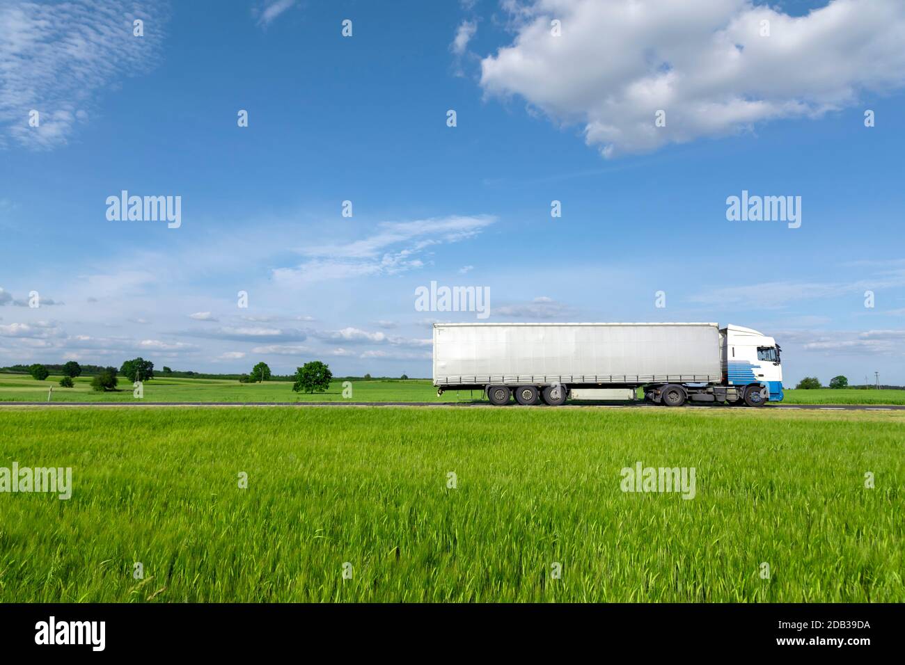 Weißer Transport-LKW fährt auf der Straße, grüne Wiese mit blauem Himmel Stockfoto