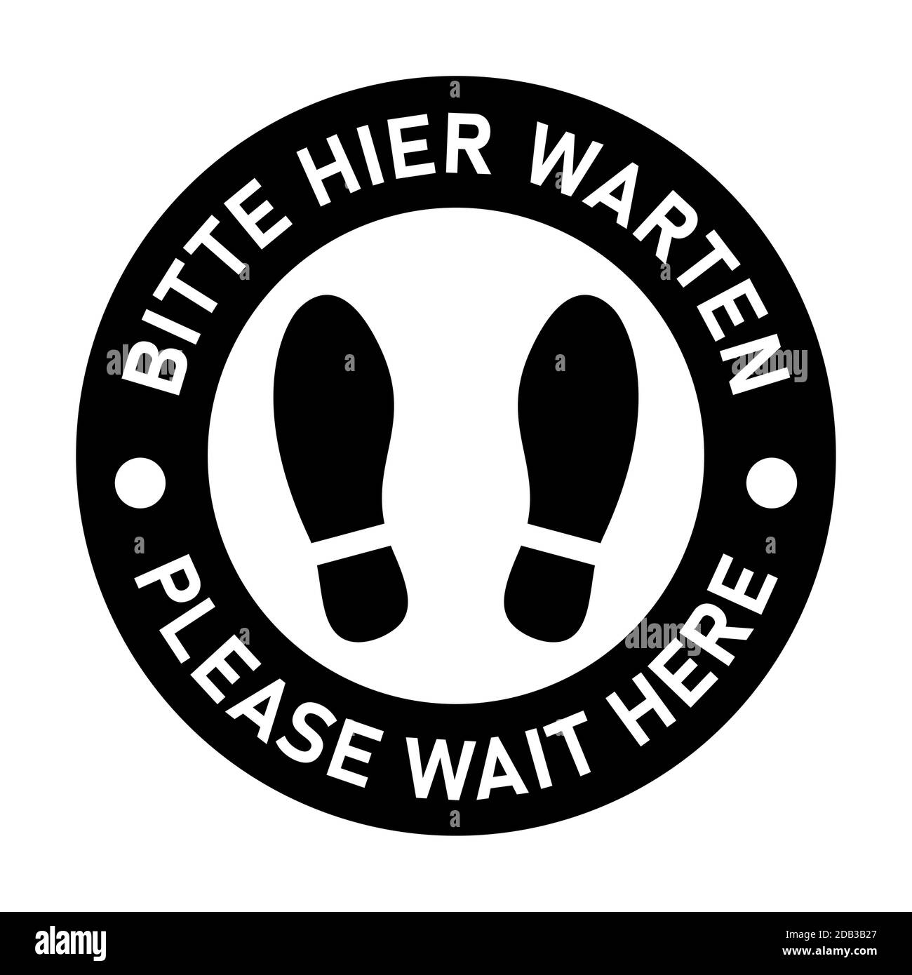 Zweisprachiges Deutsch & Englisch Runder Boden Markierungssymbol mit Schuhabdrücken mit den Phrasen 'Bitte hier warten' und 'Bitte warten'. Vektorbild. Stock Vektor